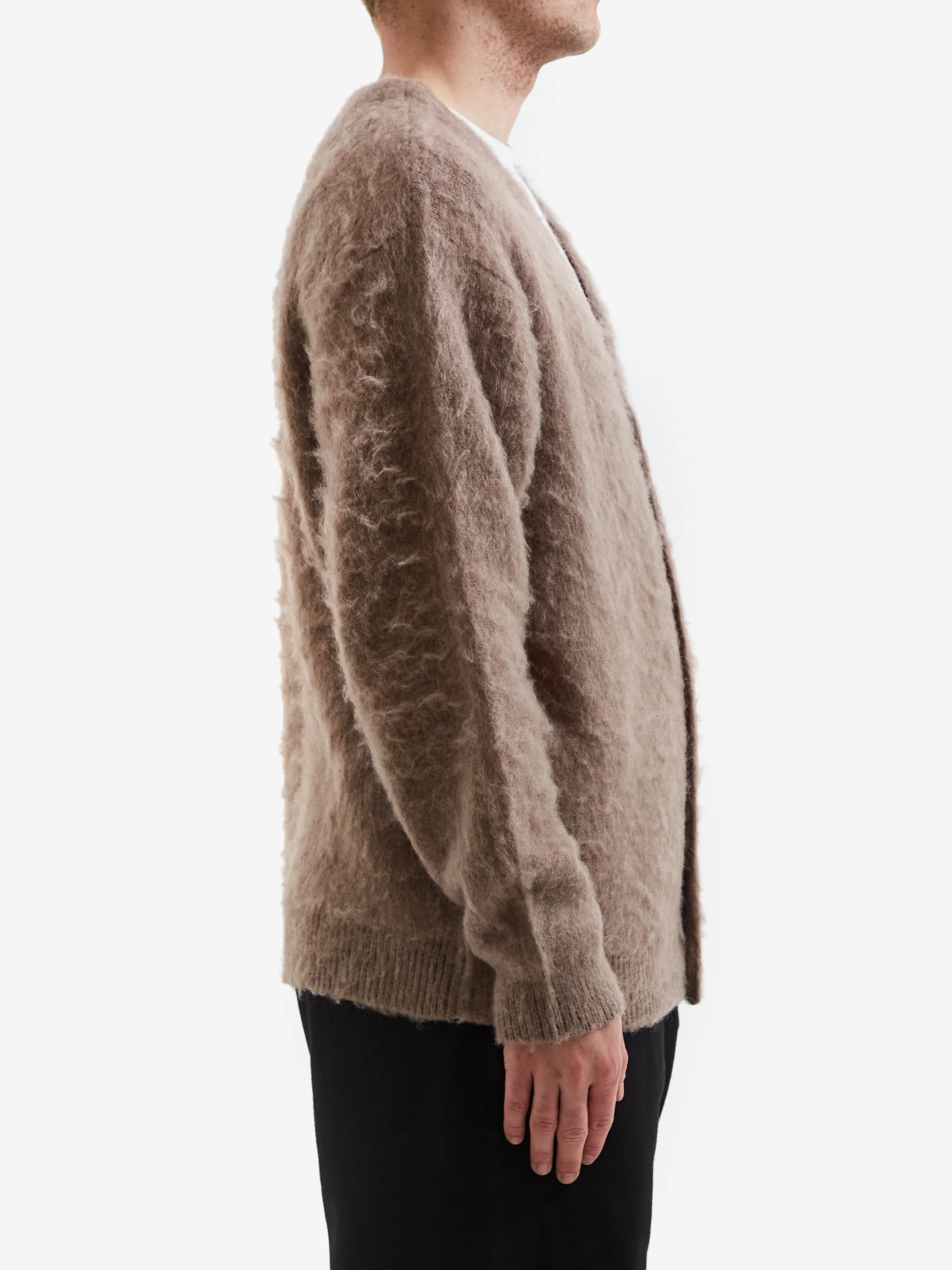 Beams Solid 7GG Solid Shaggy Cardigan - Taupe - Image 4