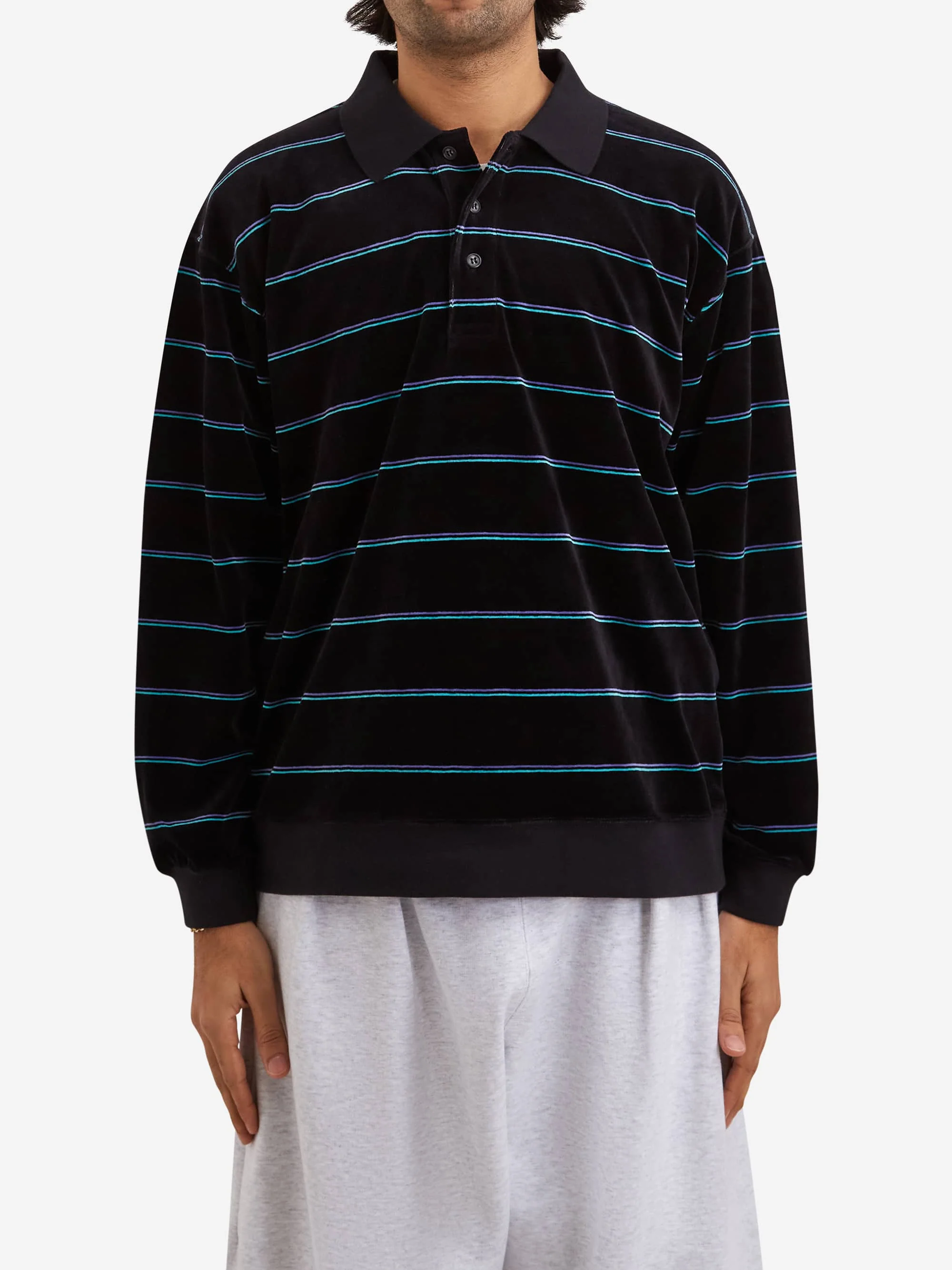 Beams Velor Border Polo - Black - Image 2