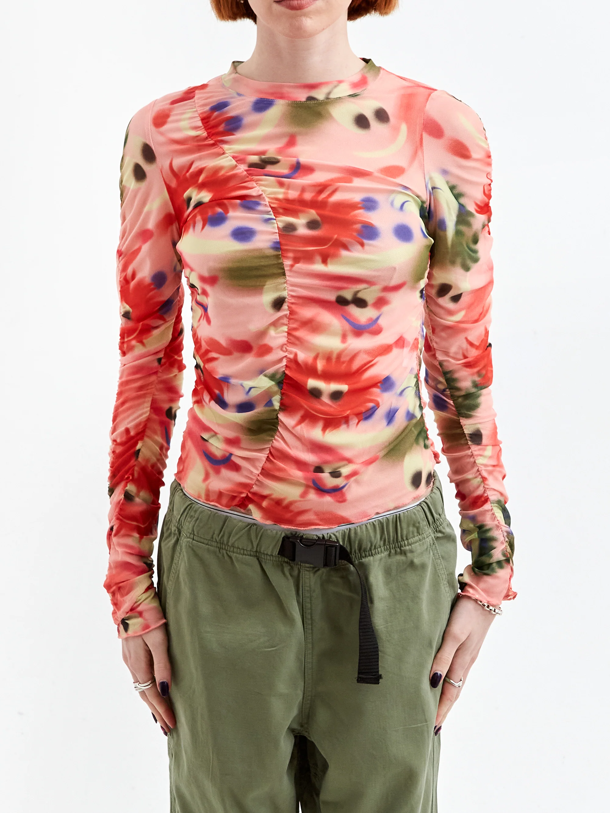 Brain Dead Alexis Ruched Hyper Mesh Long Sleeve Top - Pink Multi