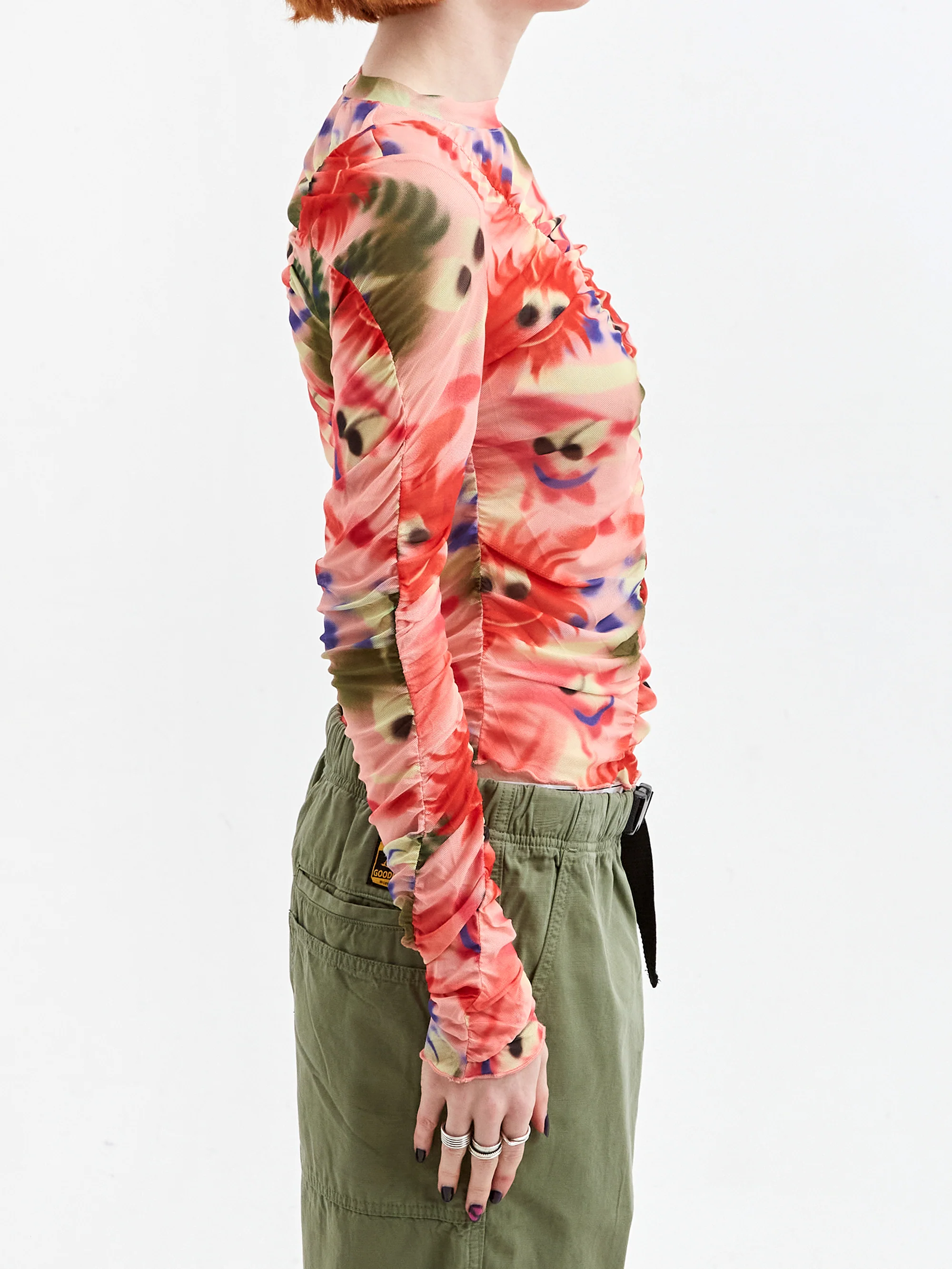 Brain Dead Alexis Ruched Hyper Mesh Long Sleeve Top - Pink Multi - Image 2