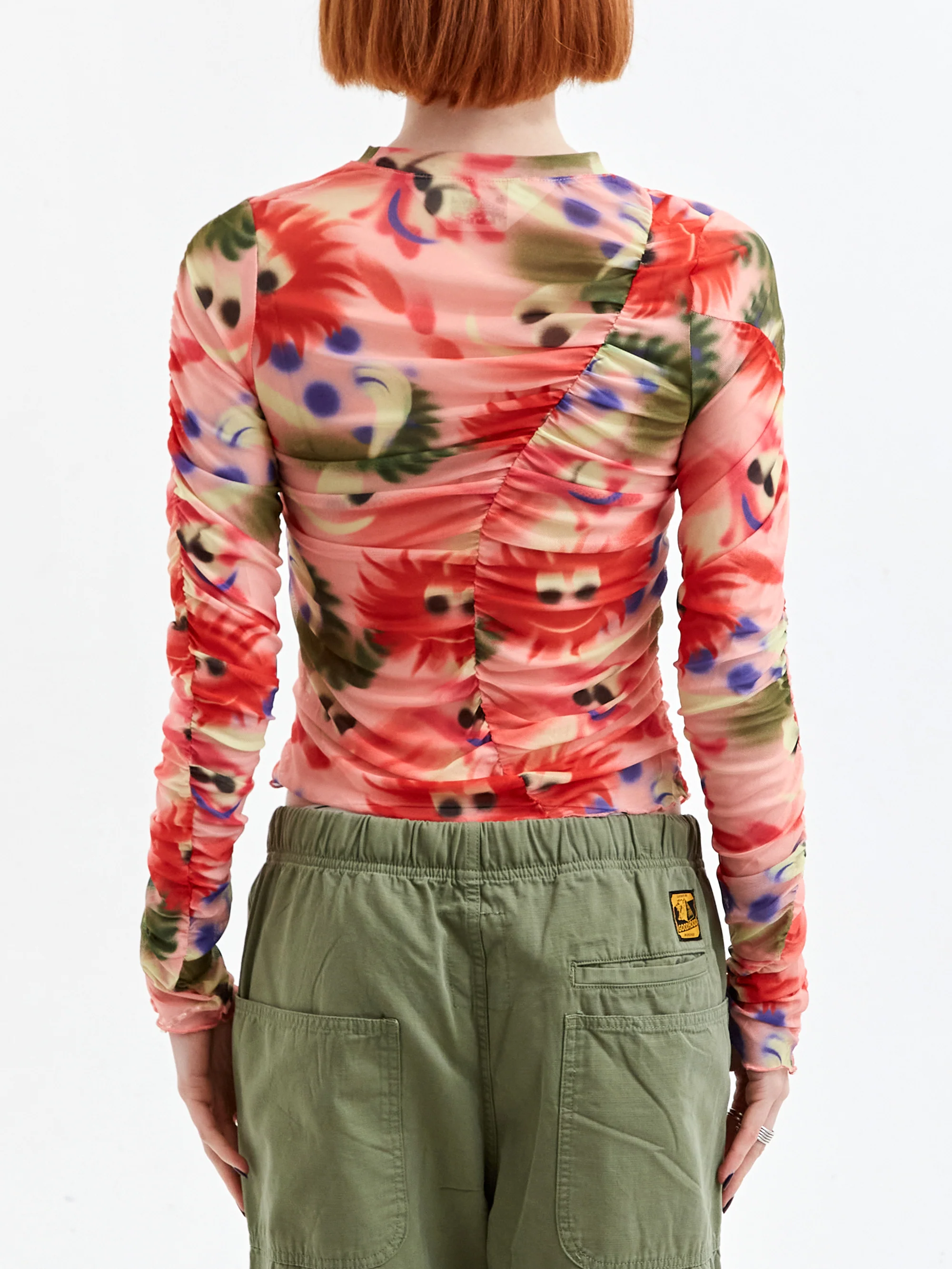 Brain Dead Alexis Ruched Hyper Mesh Long Sleeve Top - Pink Multi - Image 3
