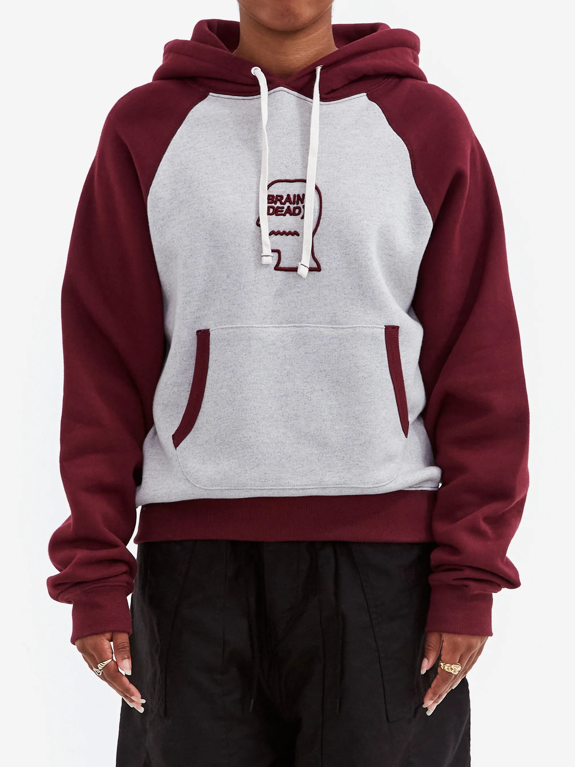 Brain Dead Fleece Logo Head Raglan Hoodie - Oatmeal / Maroon