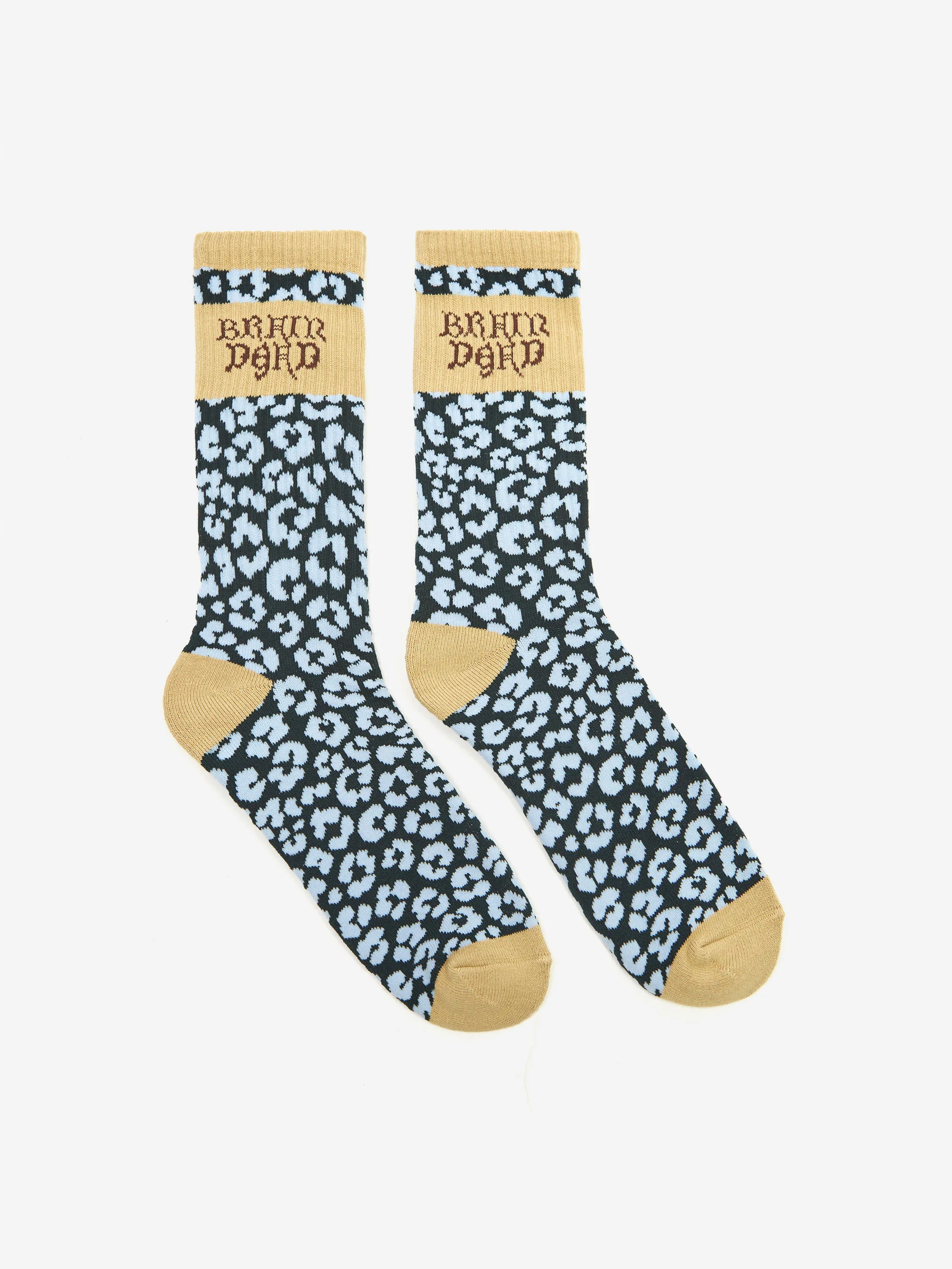 Brain Dead Paneled Logo Crew Socks - Blue Leopard/Khaki