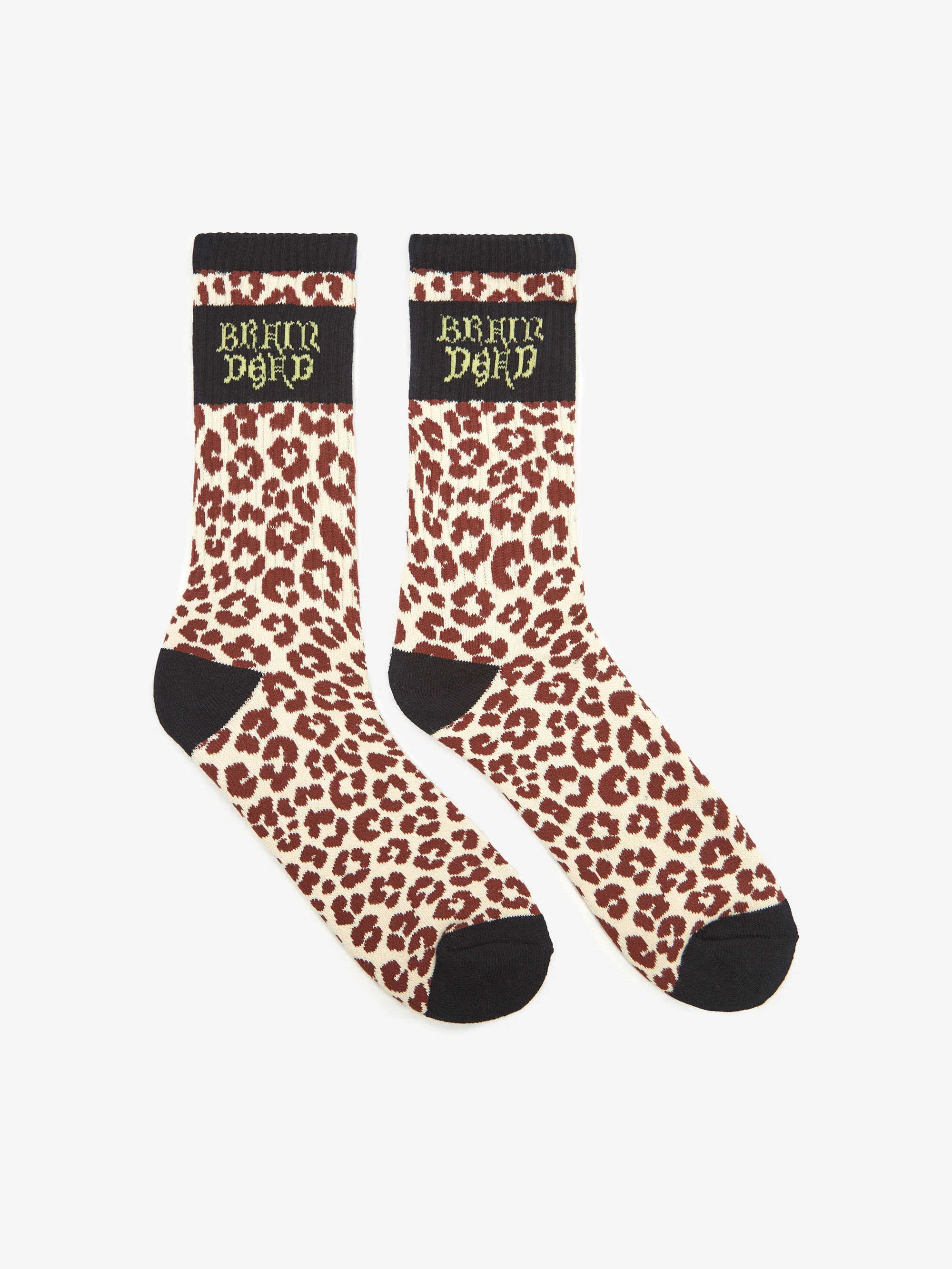 Brain Dead Paneled Logo Crew Socks - Maroon Leopard/Navy