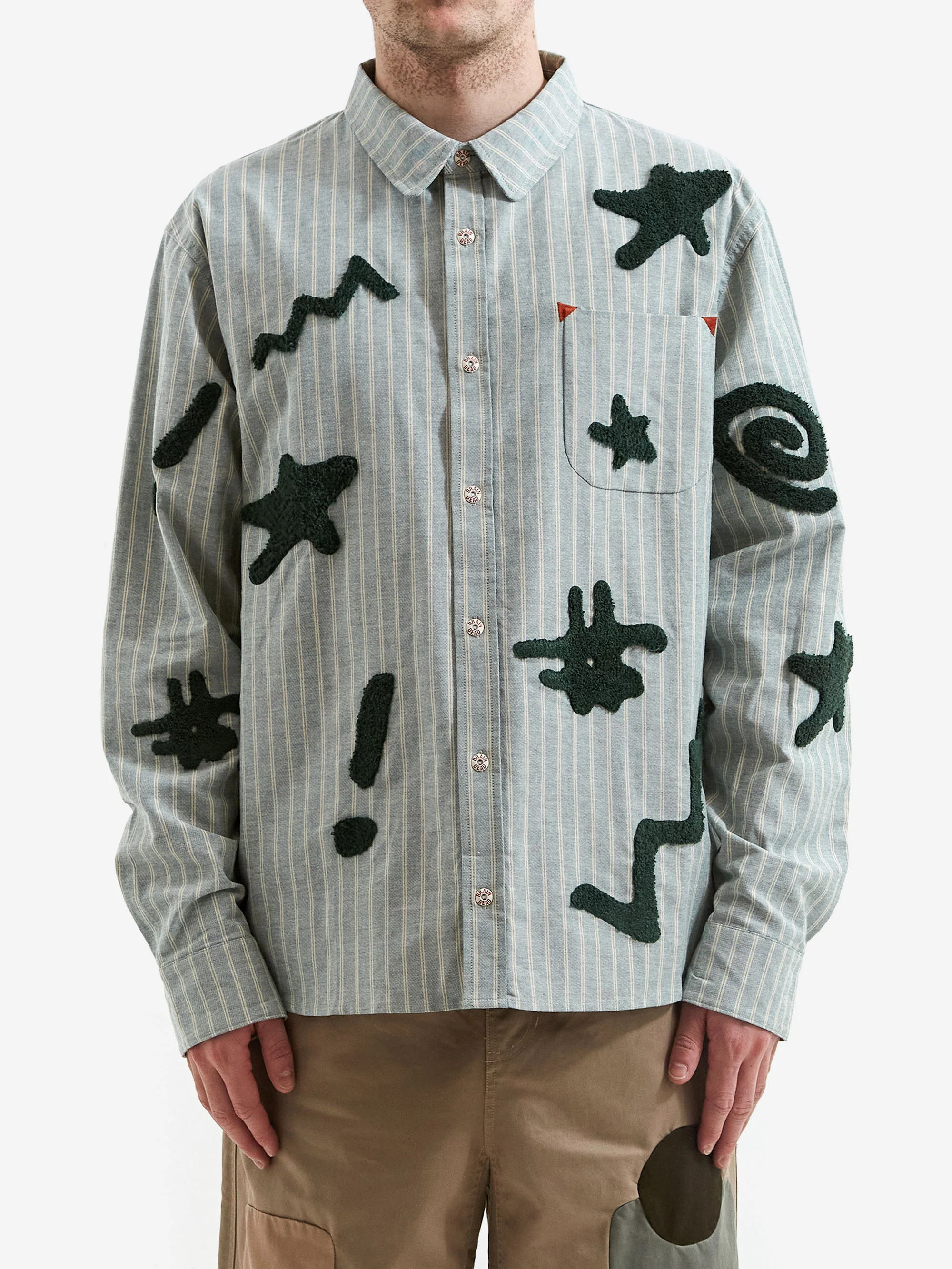 Brain Dead Striped Chenille Symbol Button Up Shirt - Green - Image 2