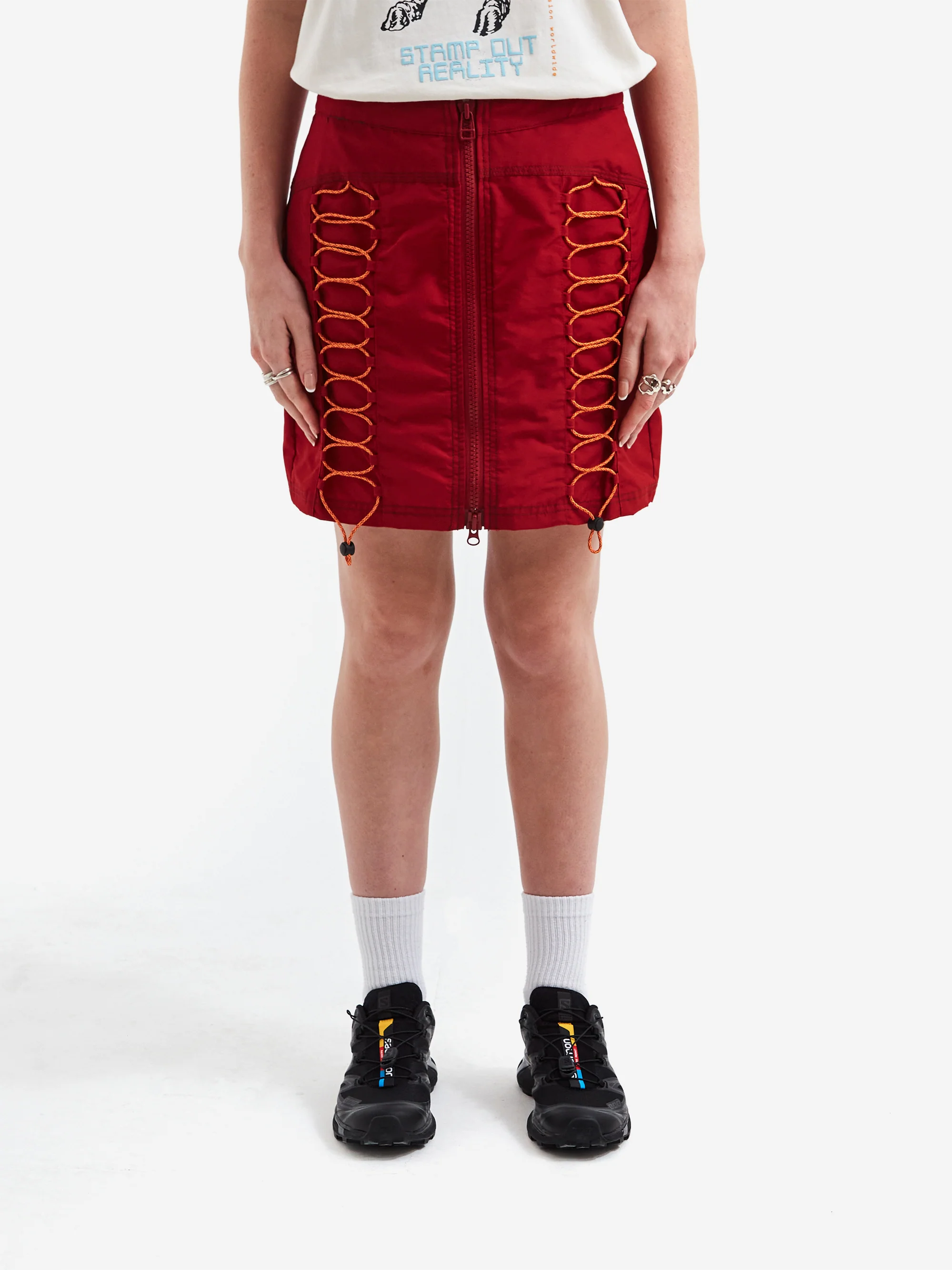 Brain Dead Triple Needle Bungee Zip Mini Skirt - Chili