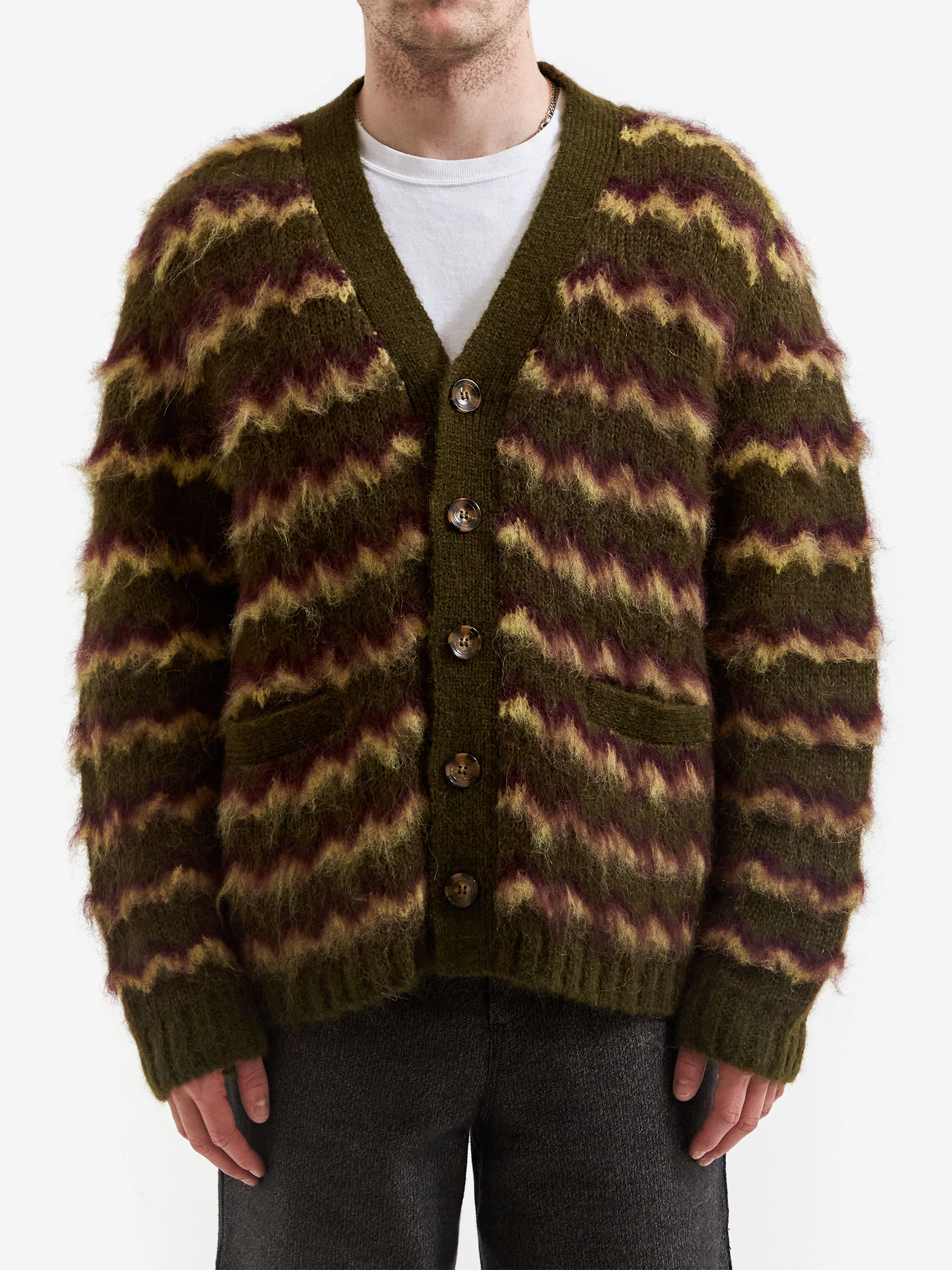 Brain Dead Zig Zag Stripe Cardigan - Olive Multi - Image 2