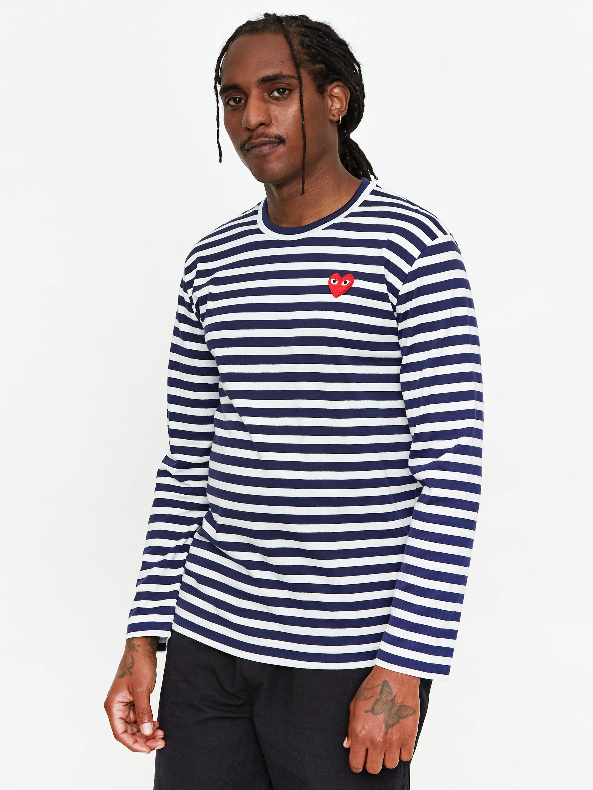 Comme des Garcons Play Striped Red Heart Long Sleeve T-Shirt - Navy/White - Image 4