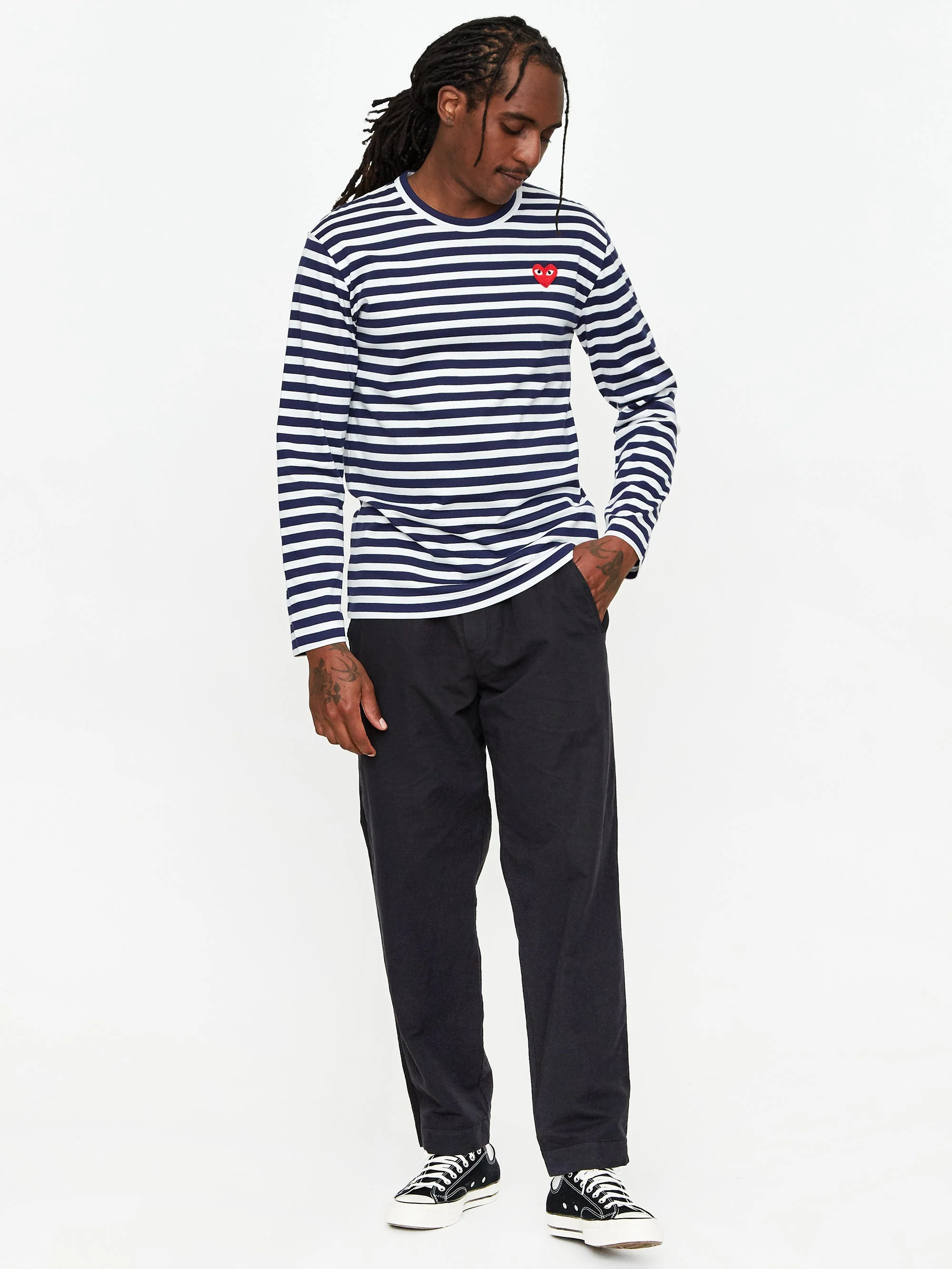 Comme des Garcons Play Striped Red Heart Long Sleeve T-Shirt - Navy/White - Image 5