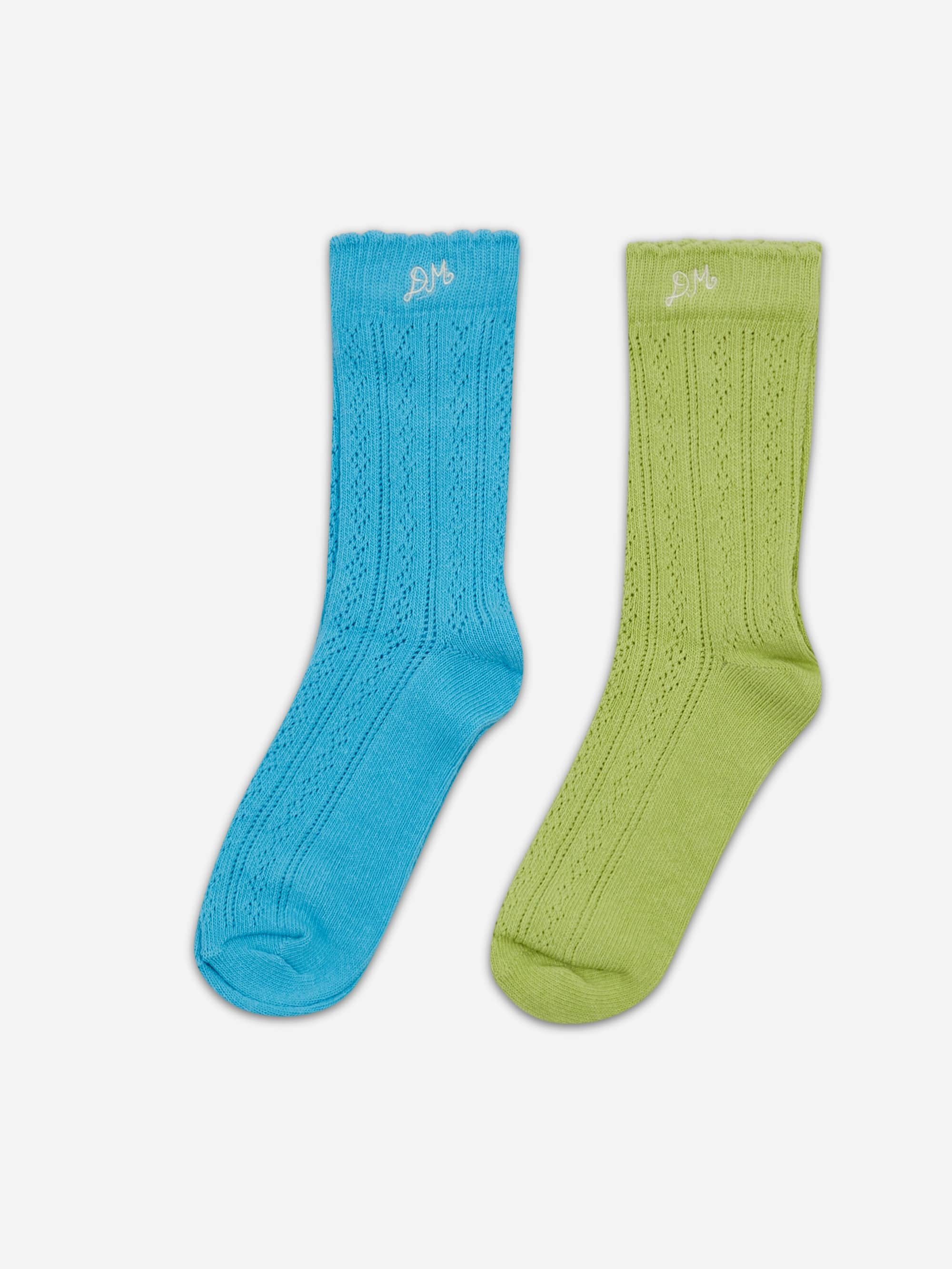 Damson Madder Calf Length 2 Pack Pointelle Socks- Celery & Aqua