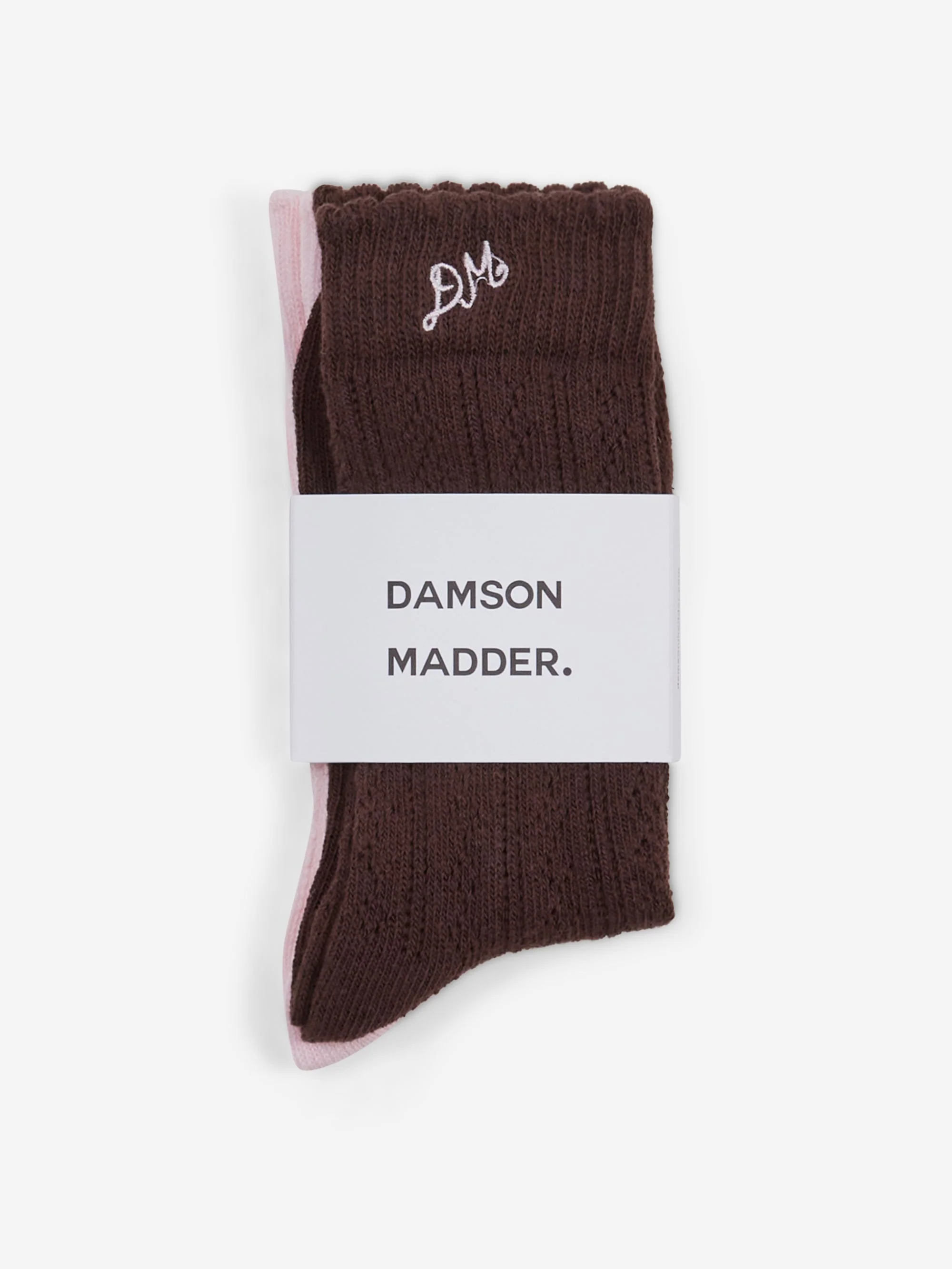 Damson Madder Calf Length 2 Pack Pointelle Socks - Choc & Purple - Image 3