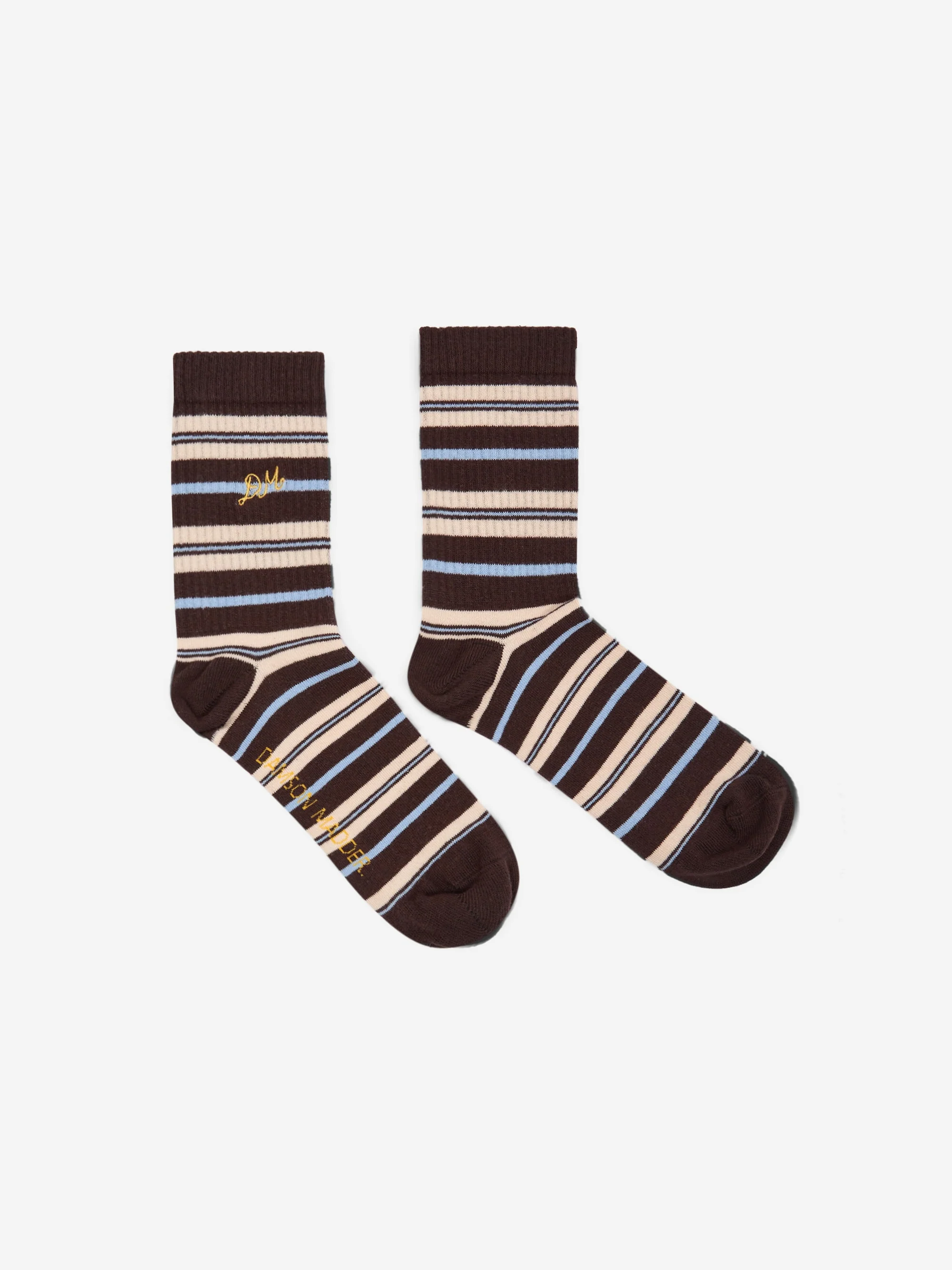 Damson Madder Calf Length Socks - Brown Stripe