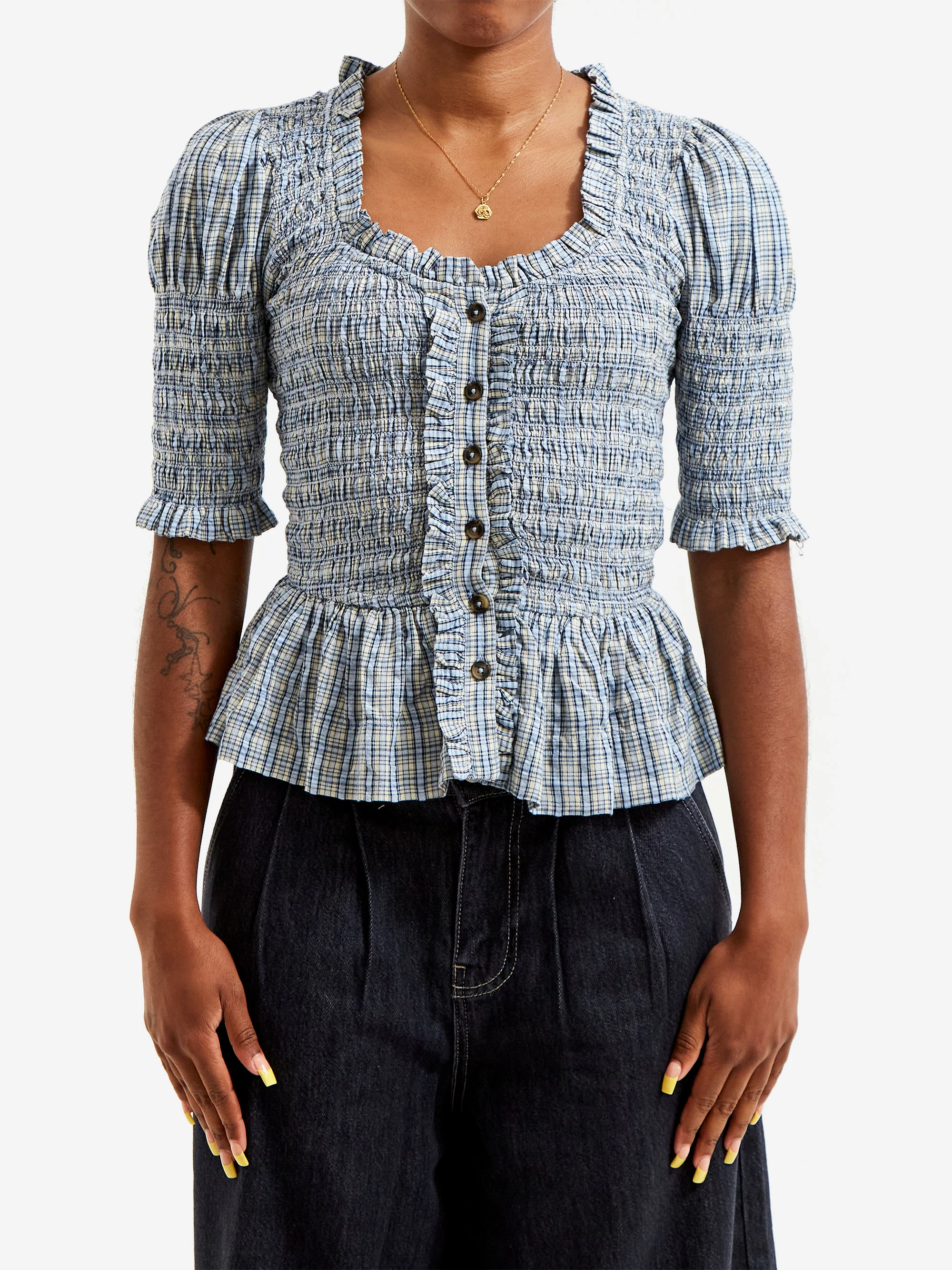 Damson Madder Mansi Shirred Blouse - Cloudy Check