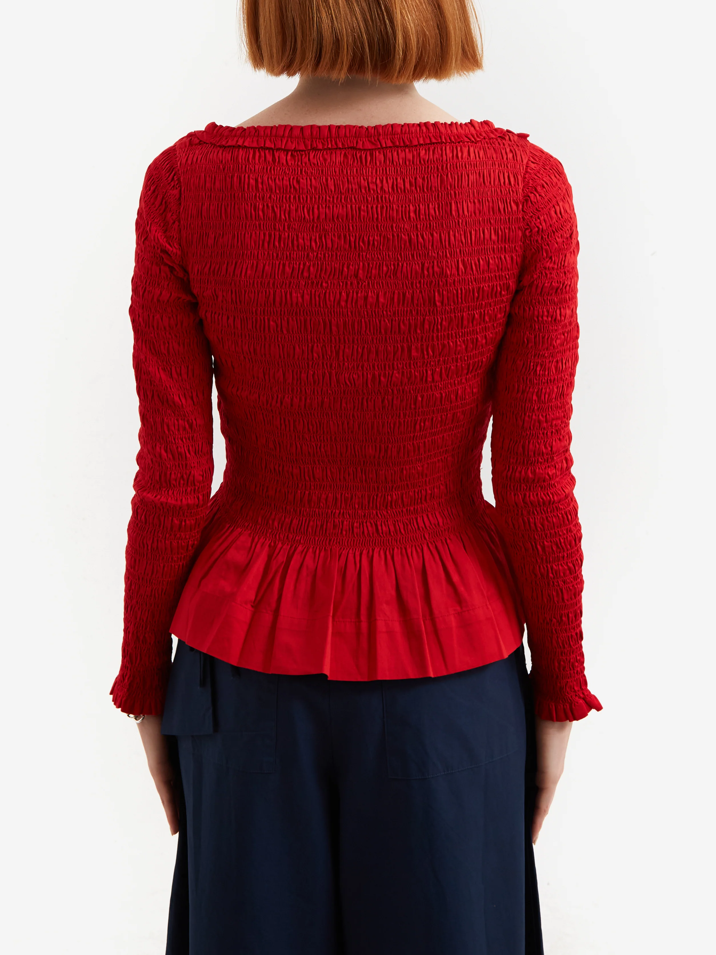 Damson Madder Suri Shirred Cotton Satin Blouse - Red - Image 3