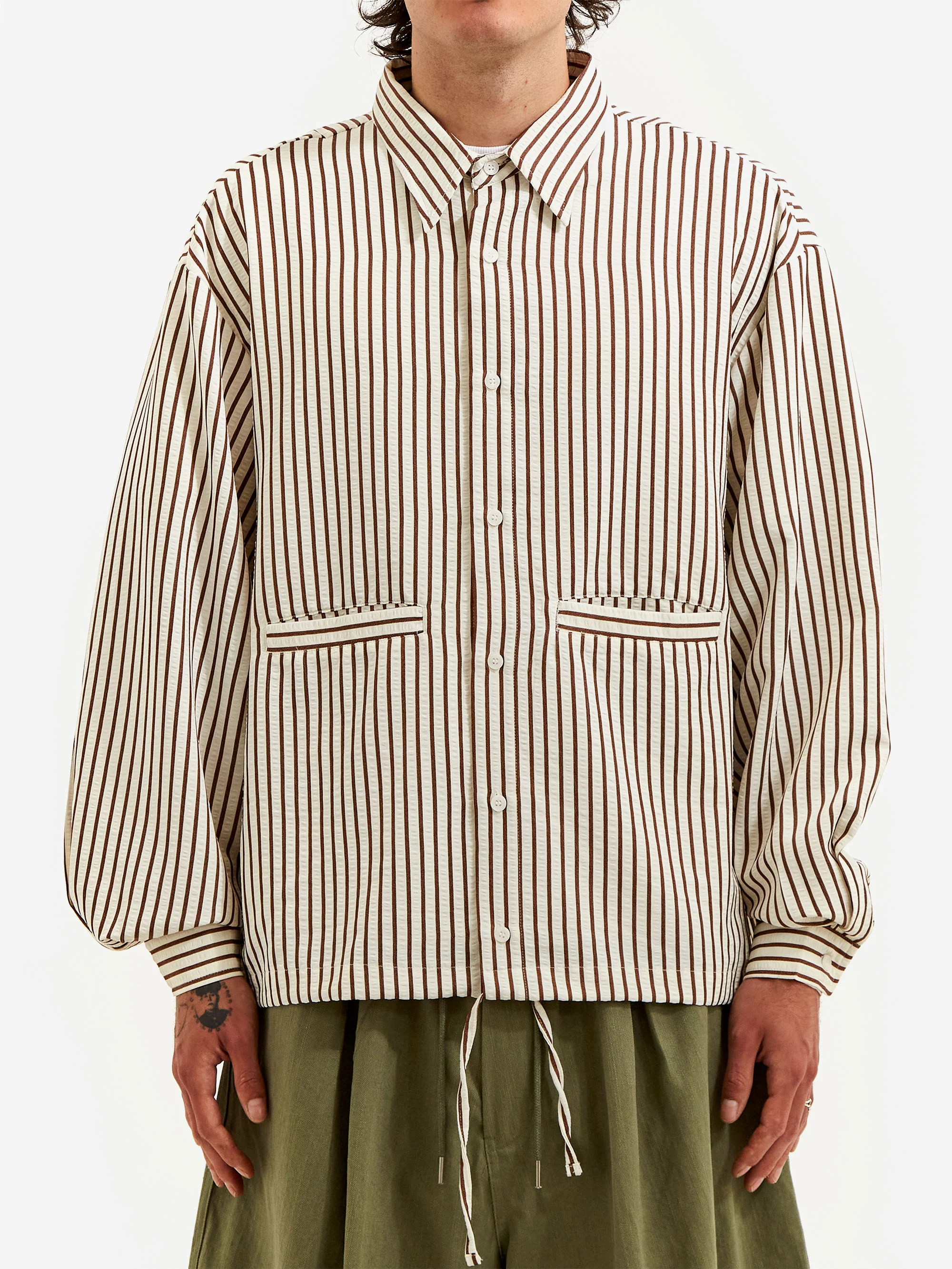 Estudio Niksen Stripe Pocket Overshirt - Brown Stripe - Image 3