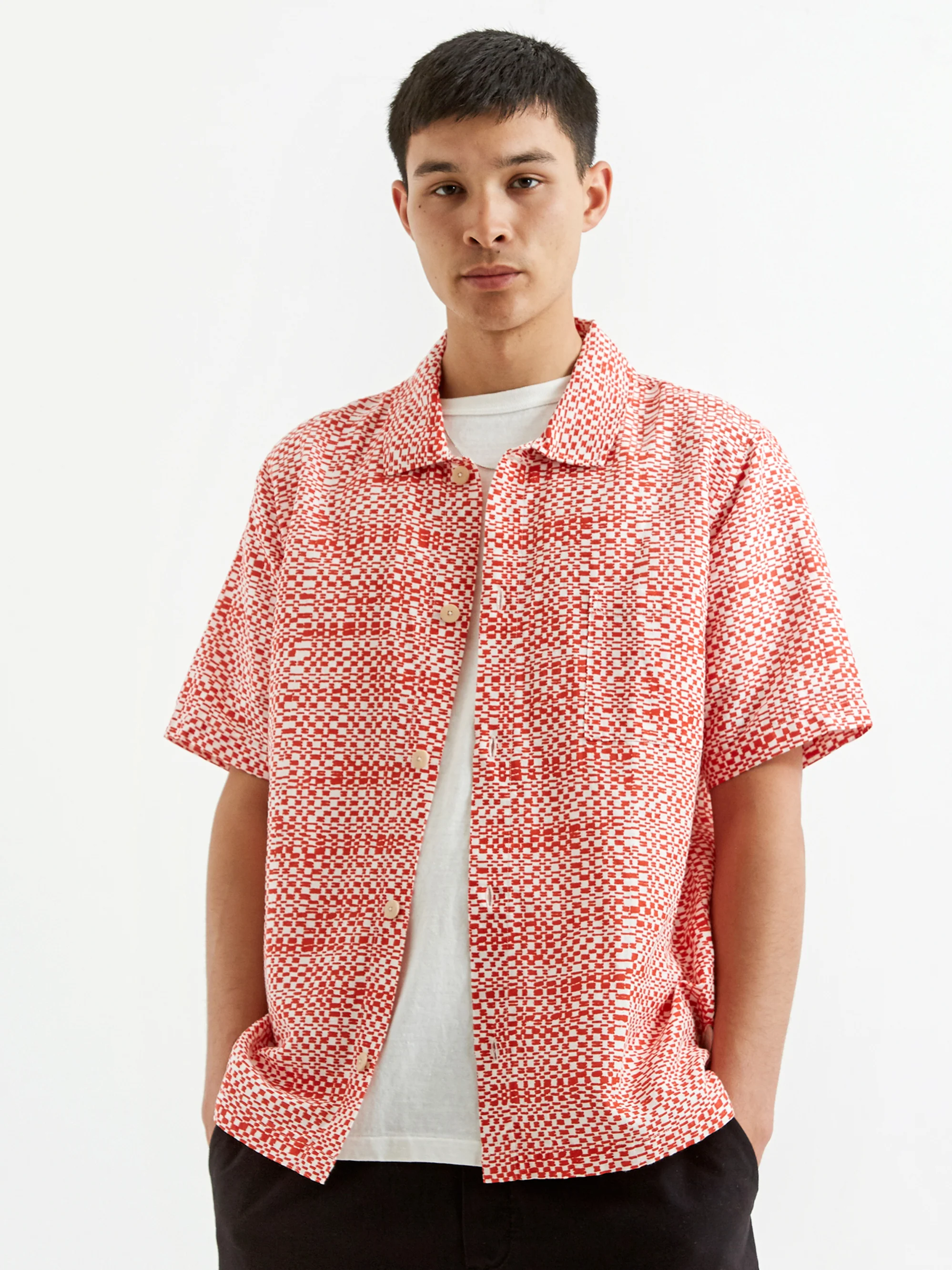 Folk Shortsleeve Seoul Shirt - Warp Print Red - Image 4