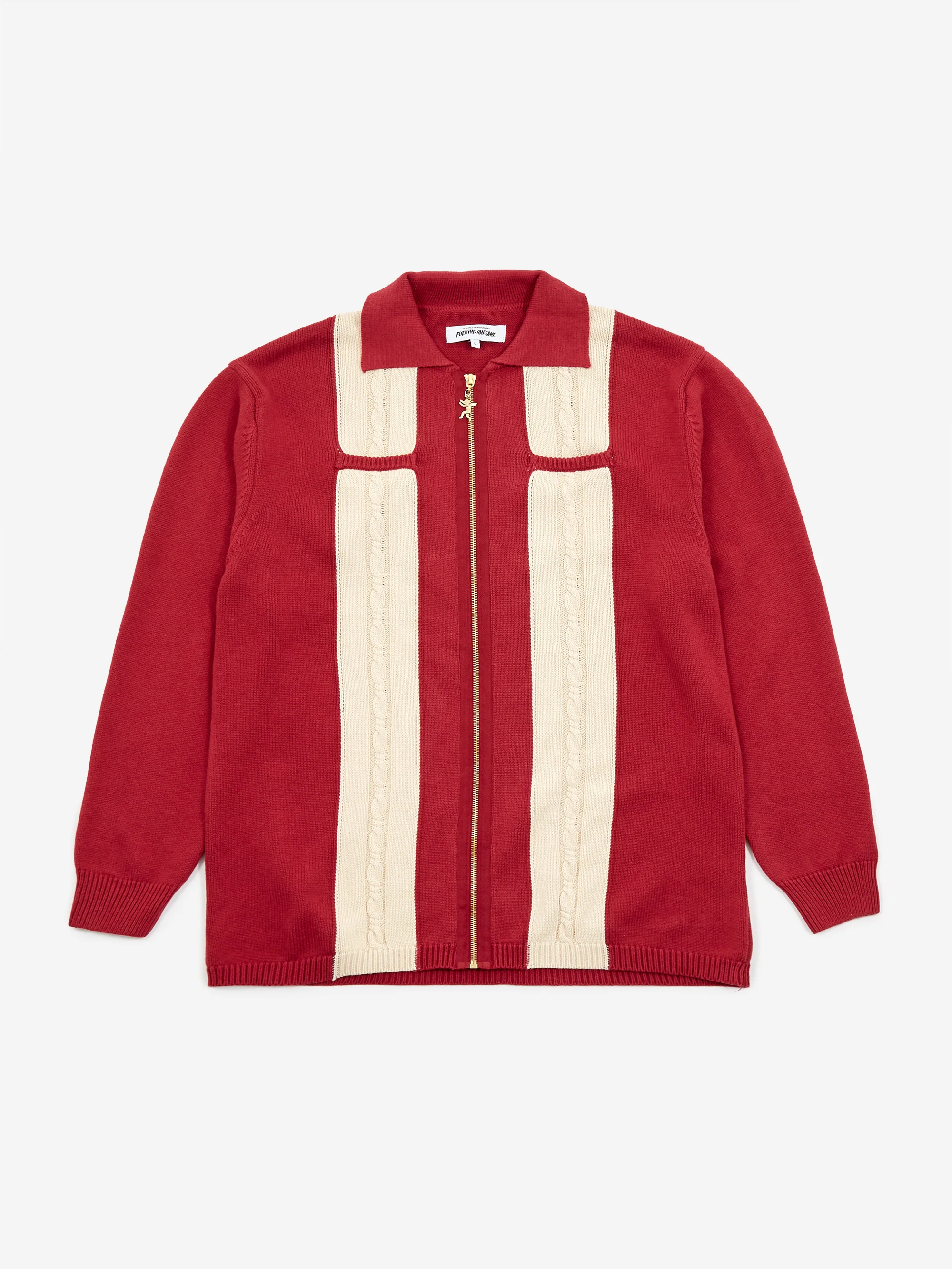 Fucking Awesome Knit Zip Cardigan - Maroon/Cream - Image 2
