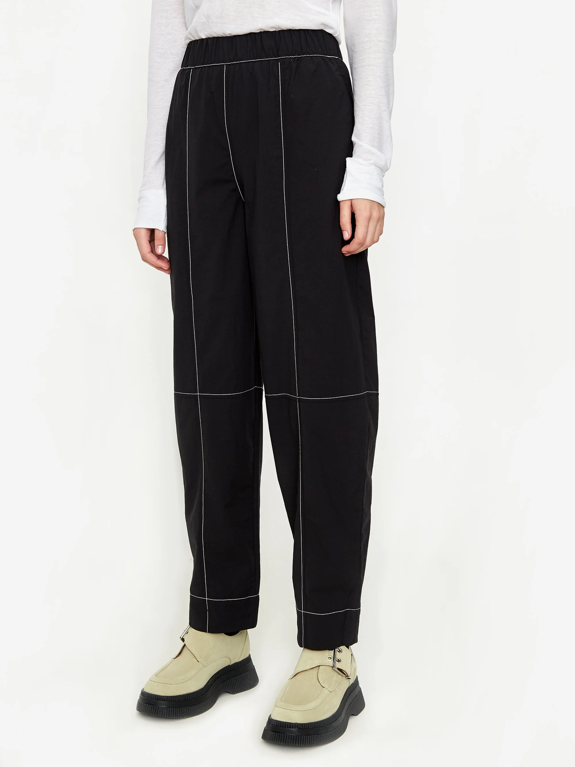 Ganni Cotton Crepe Contrast Stitch Trousers - Black - Image 2