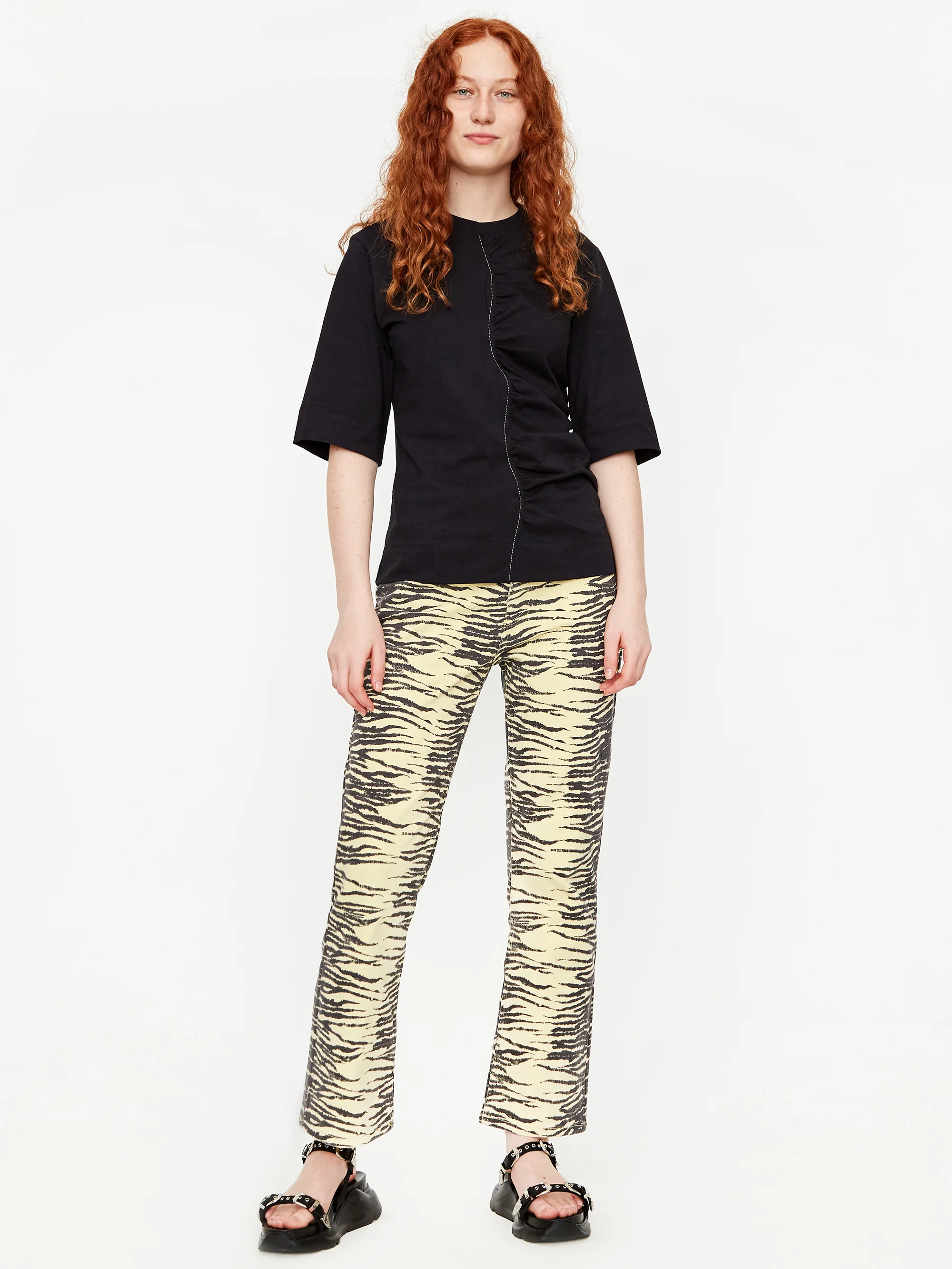 Ganni Cotton Jersey Rouched Shortsleeve T-Shirt - Black - Image 3