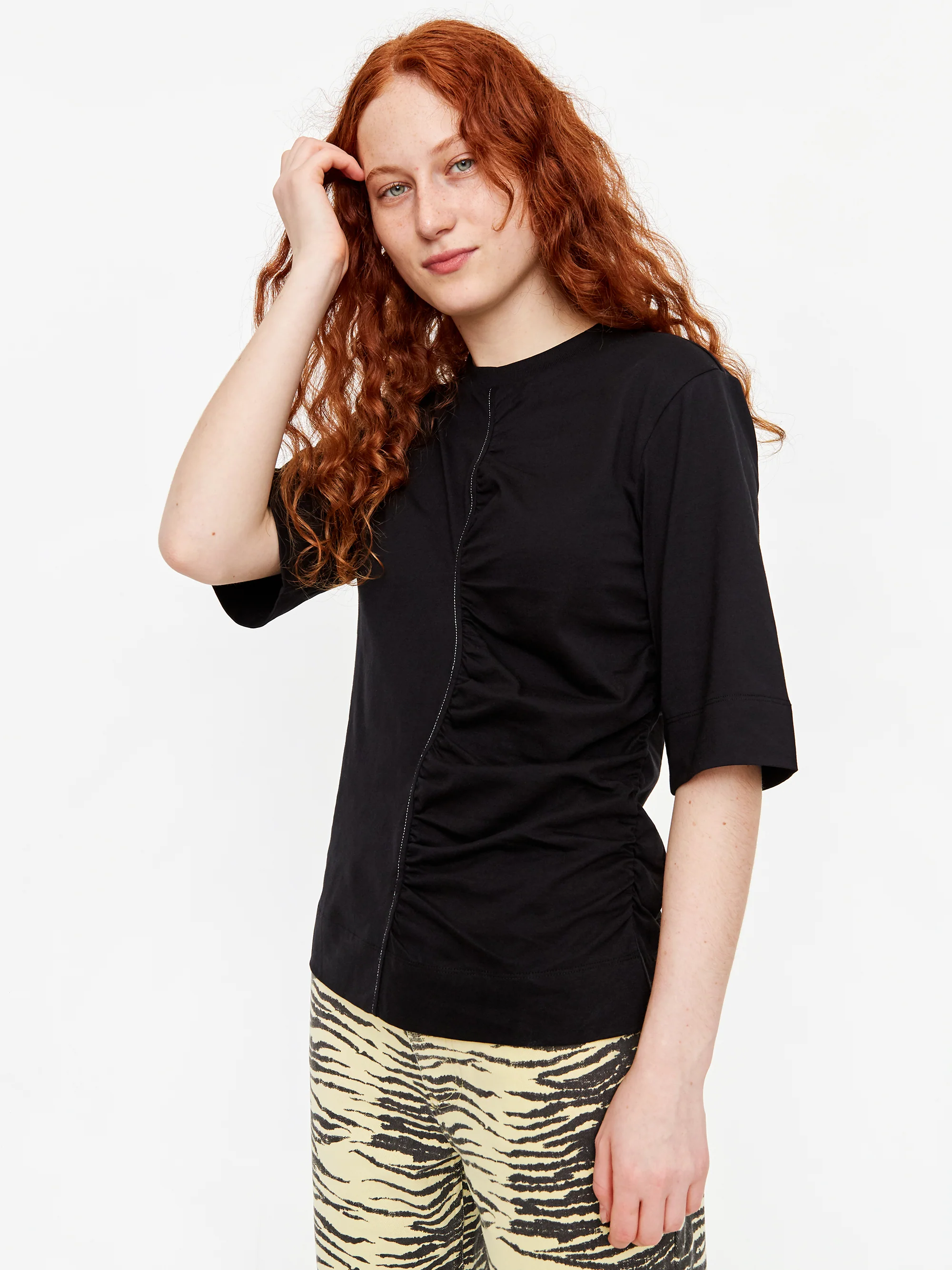 Ganni Cotton Jersey Rouched Shortsleeve T-Shirt - Black - Image 4