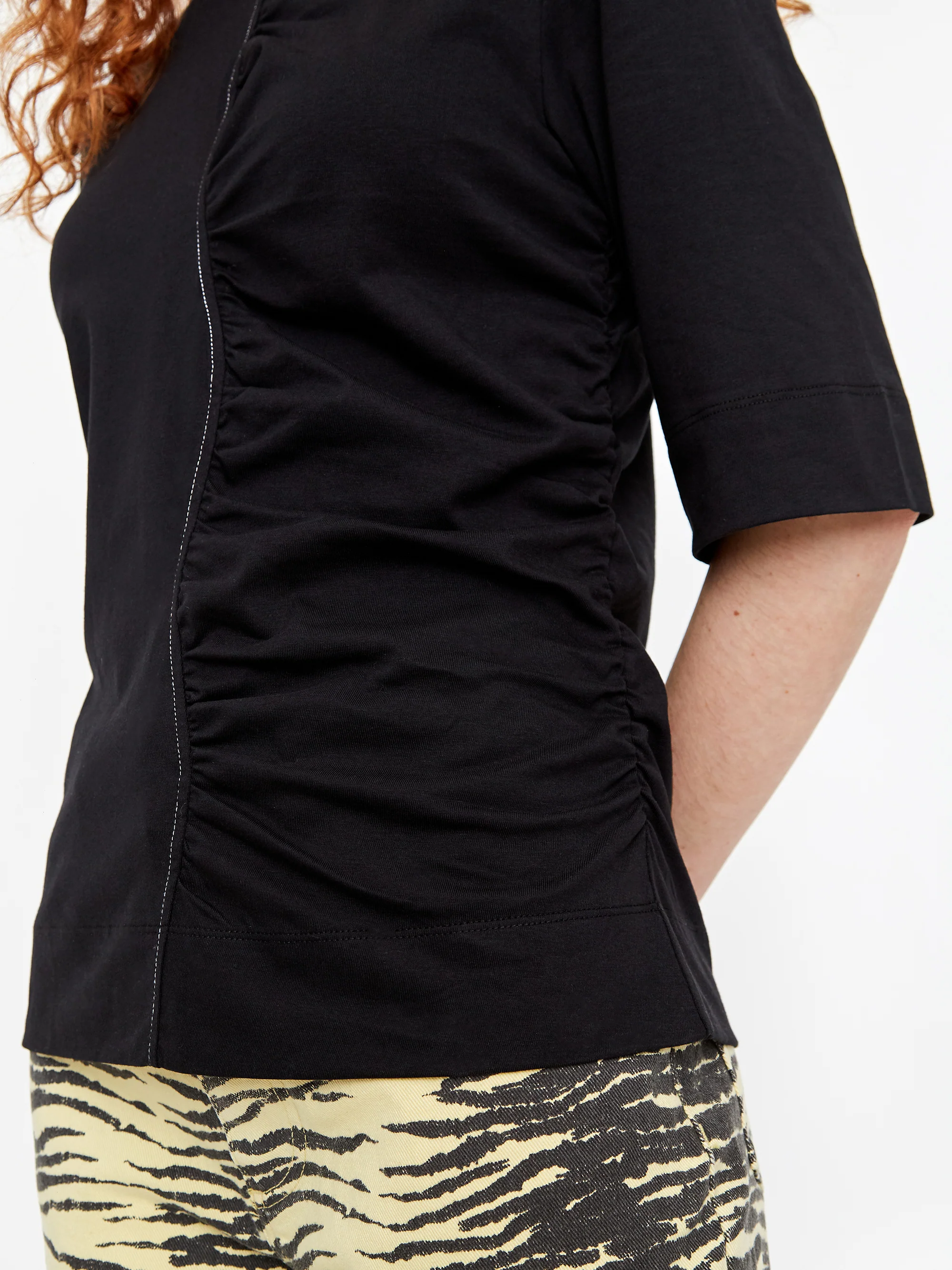 Ganni Cotton Jersey Rouched Shortsleeve T-Shirt - Black - Image 5