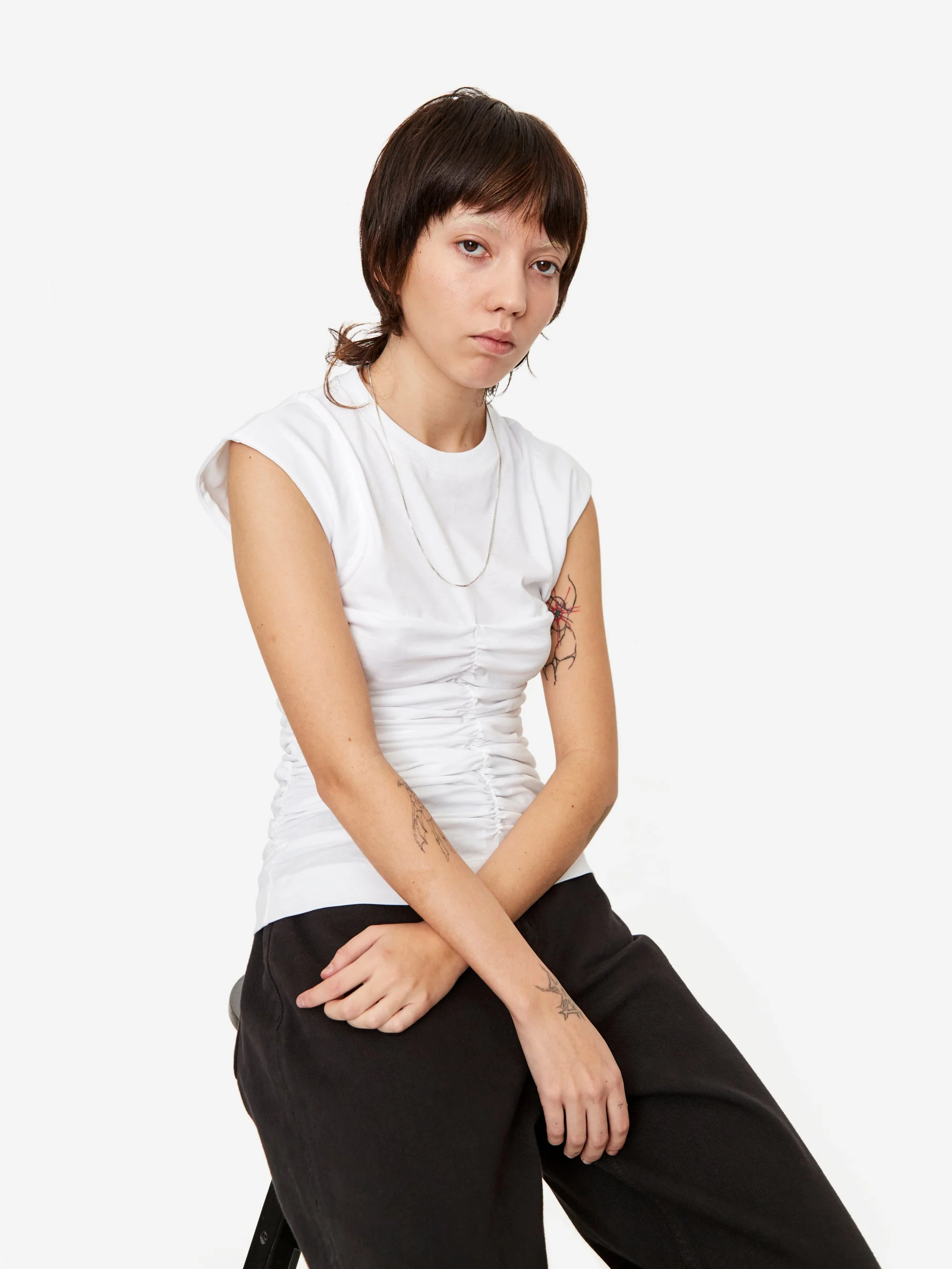 Ganni Cotton Jersey Rouched Shortsleeve T-Shirt - Bright White - Image 4