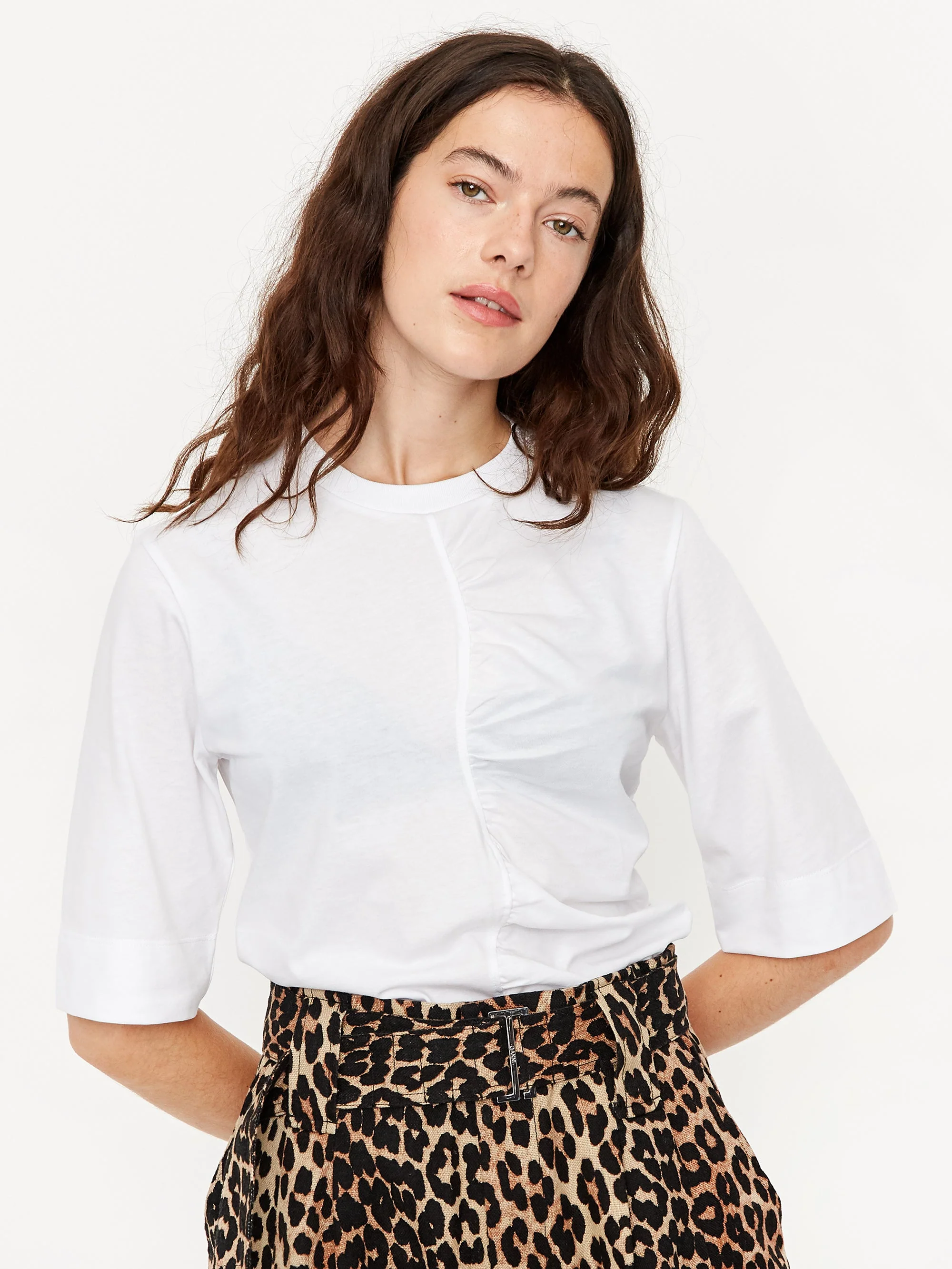 Ganni Cotton Jersey Rouched Shortsleeve T-Shirt - Bright White - Image 2