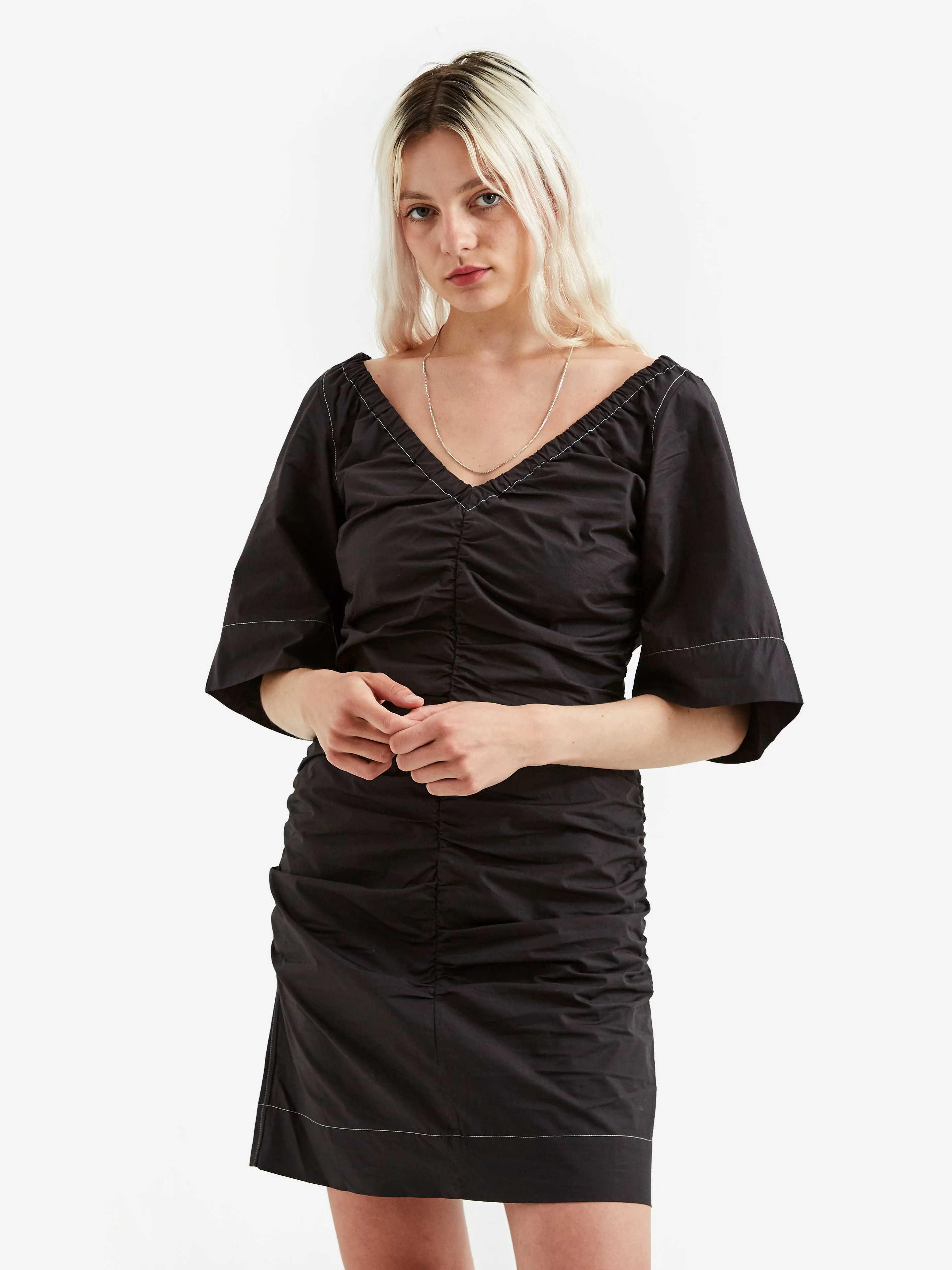 Ganni Cotton Poplin V-Neck Fitted Mini Dress - Black