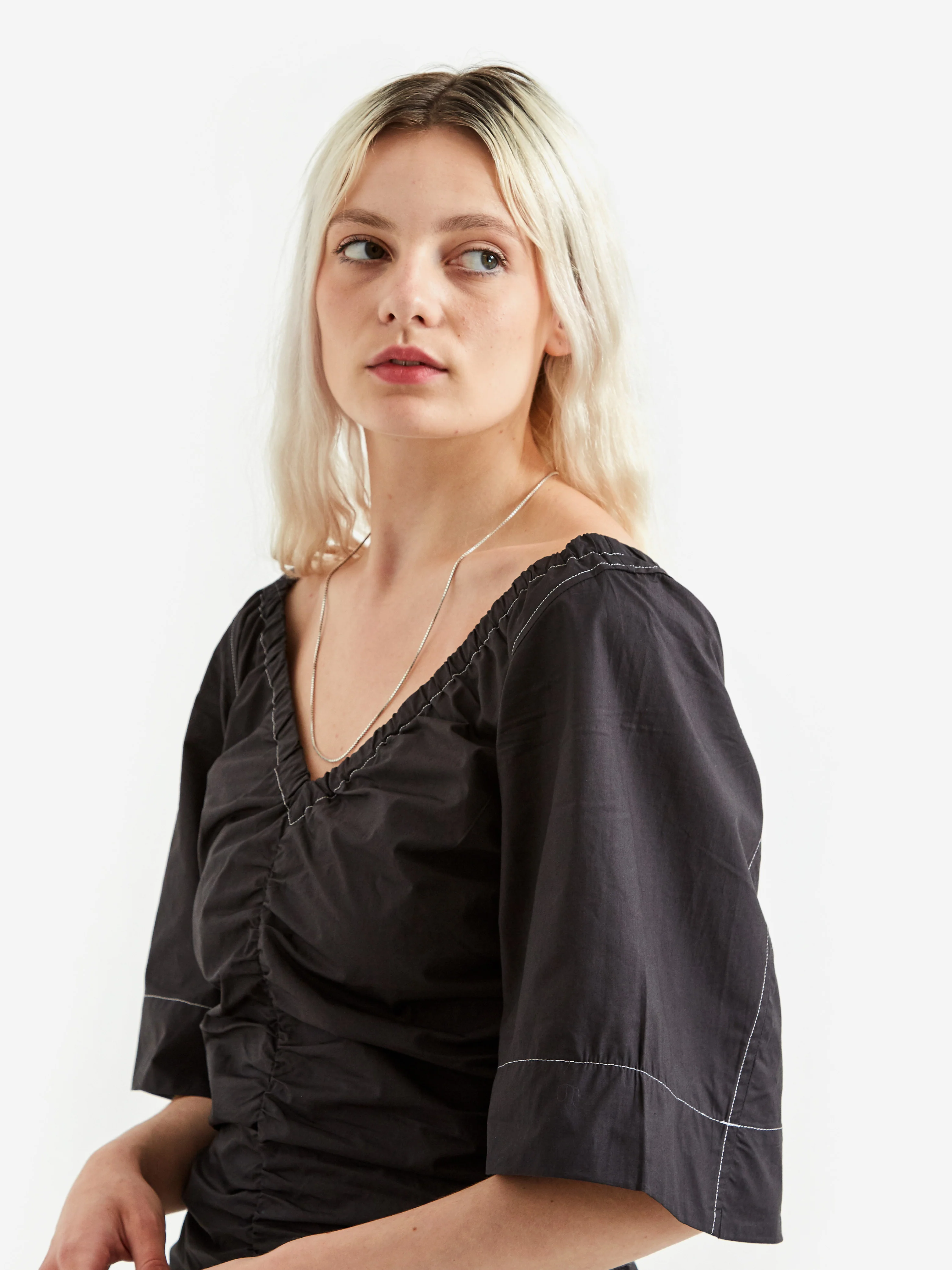 Ganni Cotton Poplin V-Neck Fitted Mini Dress - Black - Image 3
