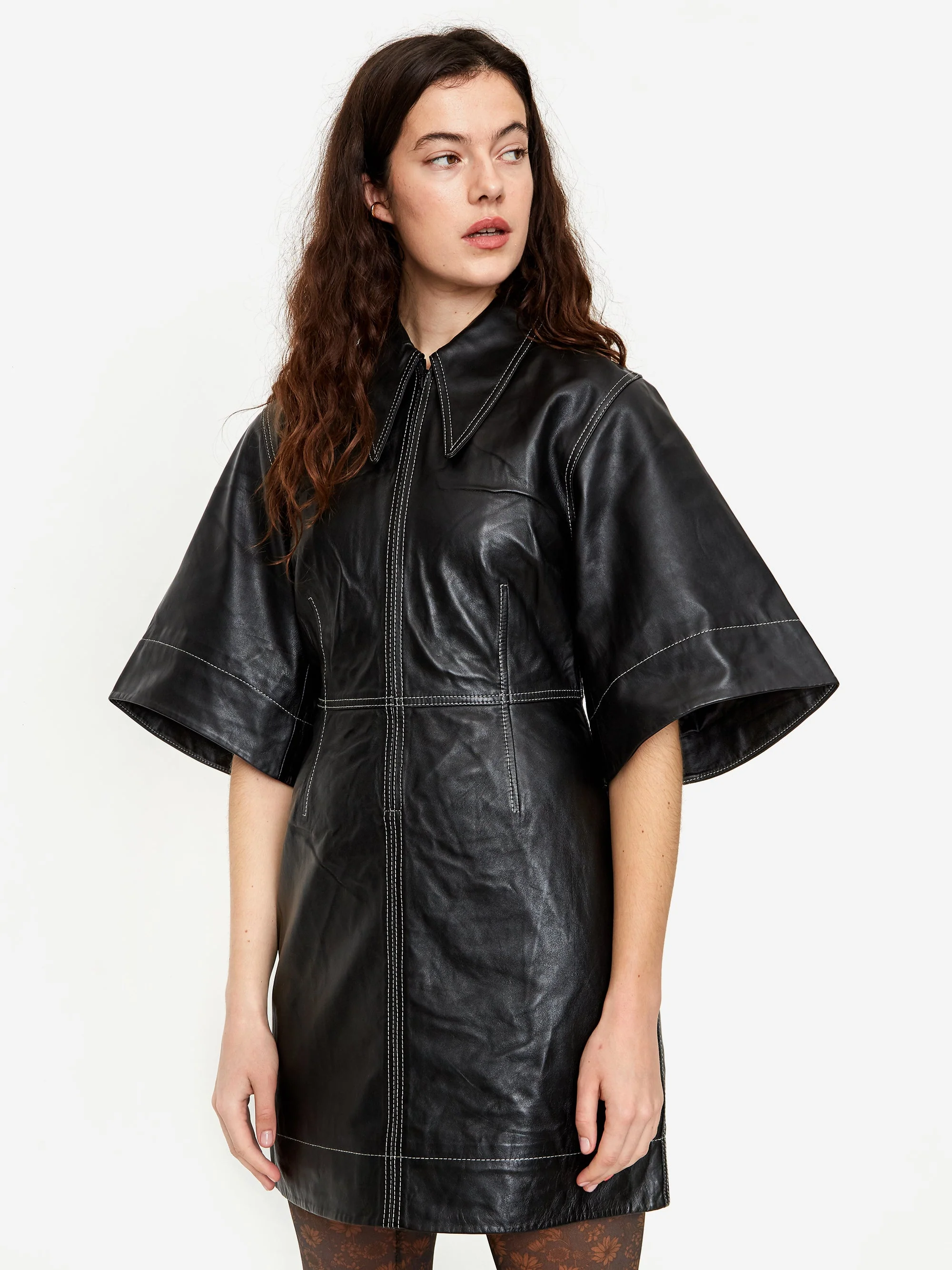 Ganni Long Collar Front Zip Mini Dress - Black