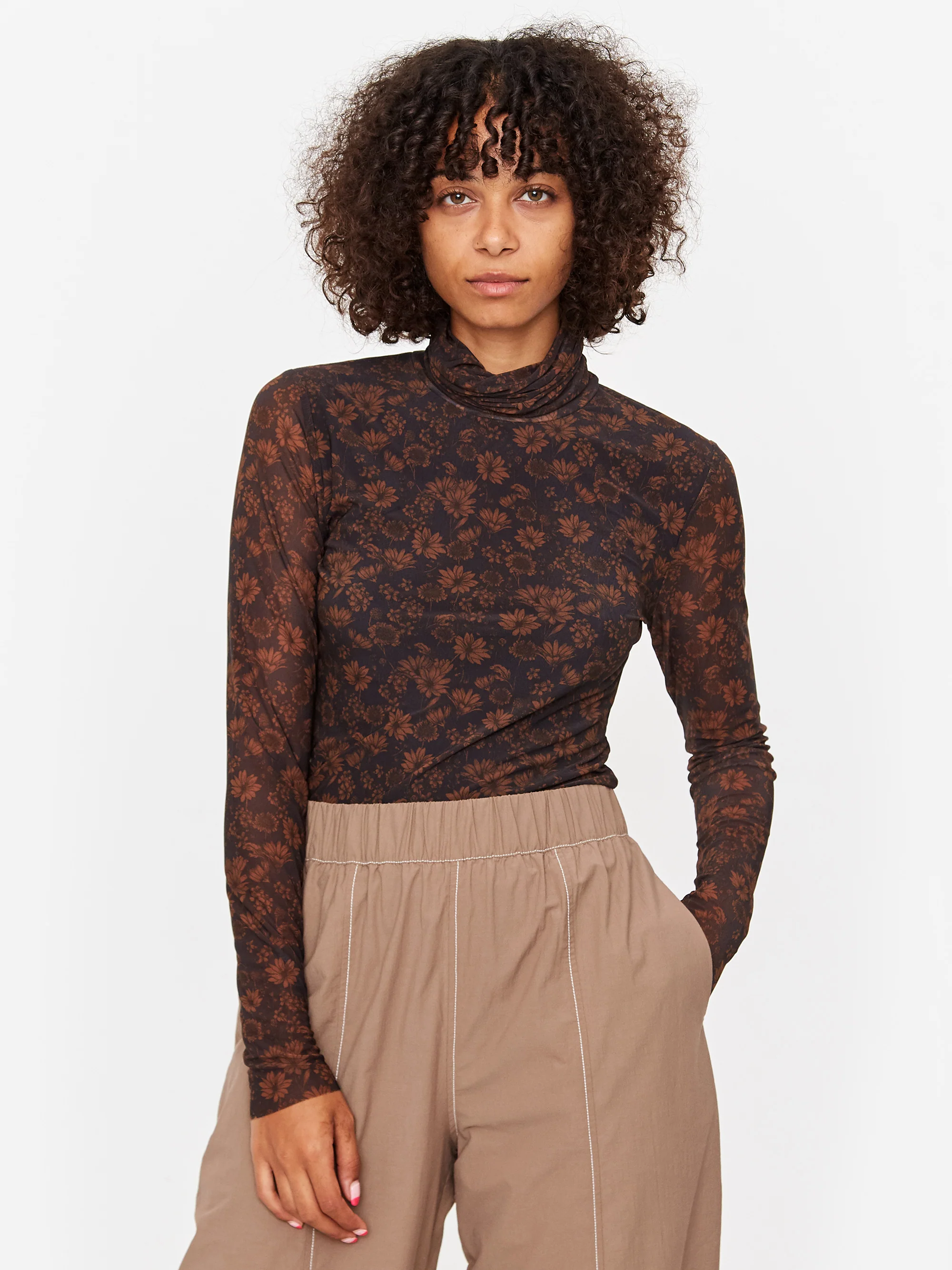 Ganni Mesh Roll Neck Top Longsleeve Top - French Roast