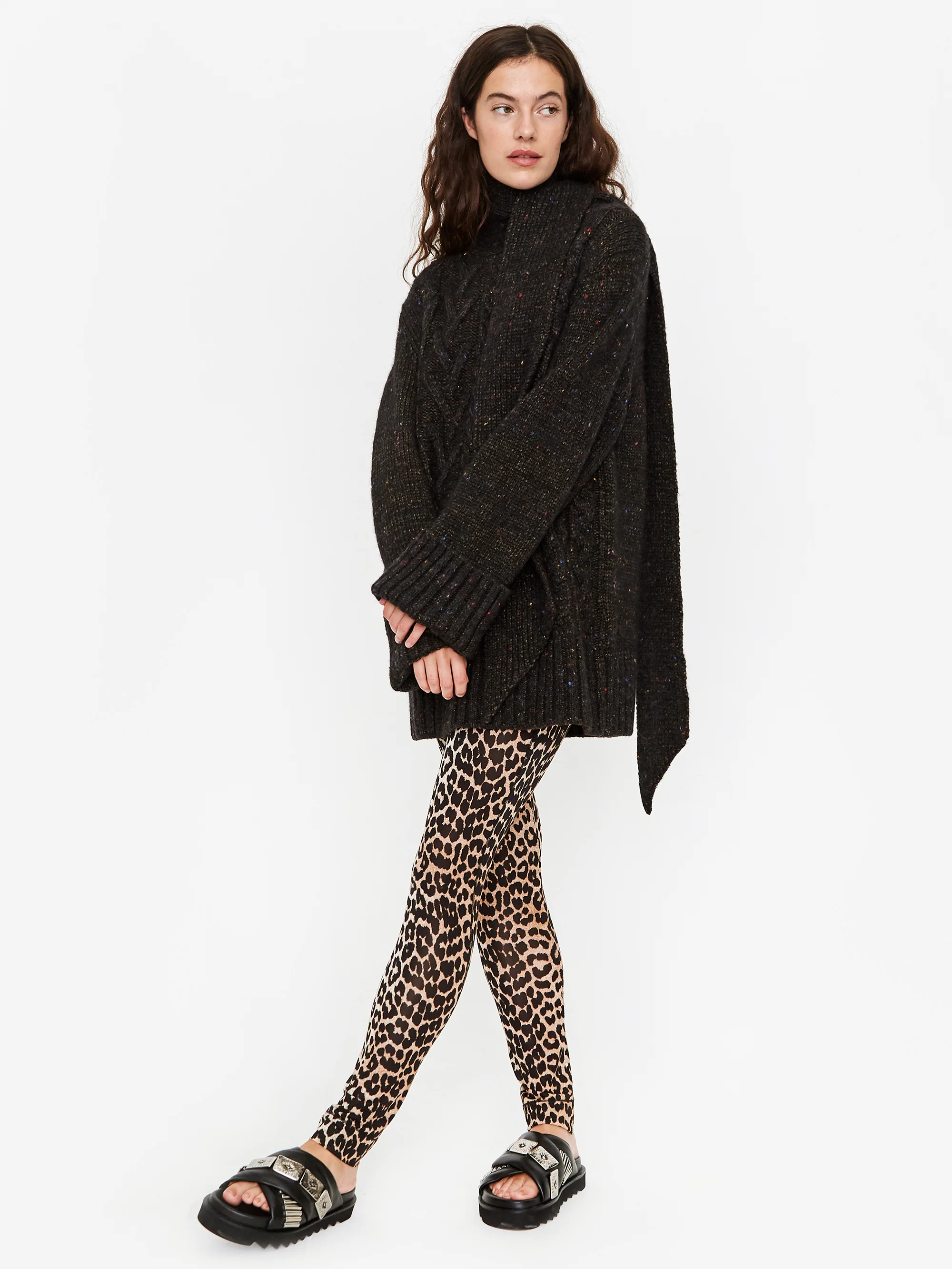 Ganni Oversize Cable Knit Jumper With Scarf - Black - Image 3