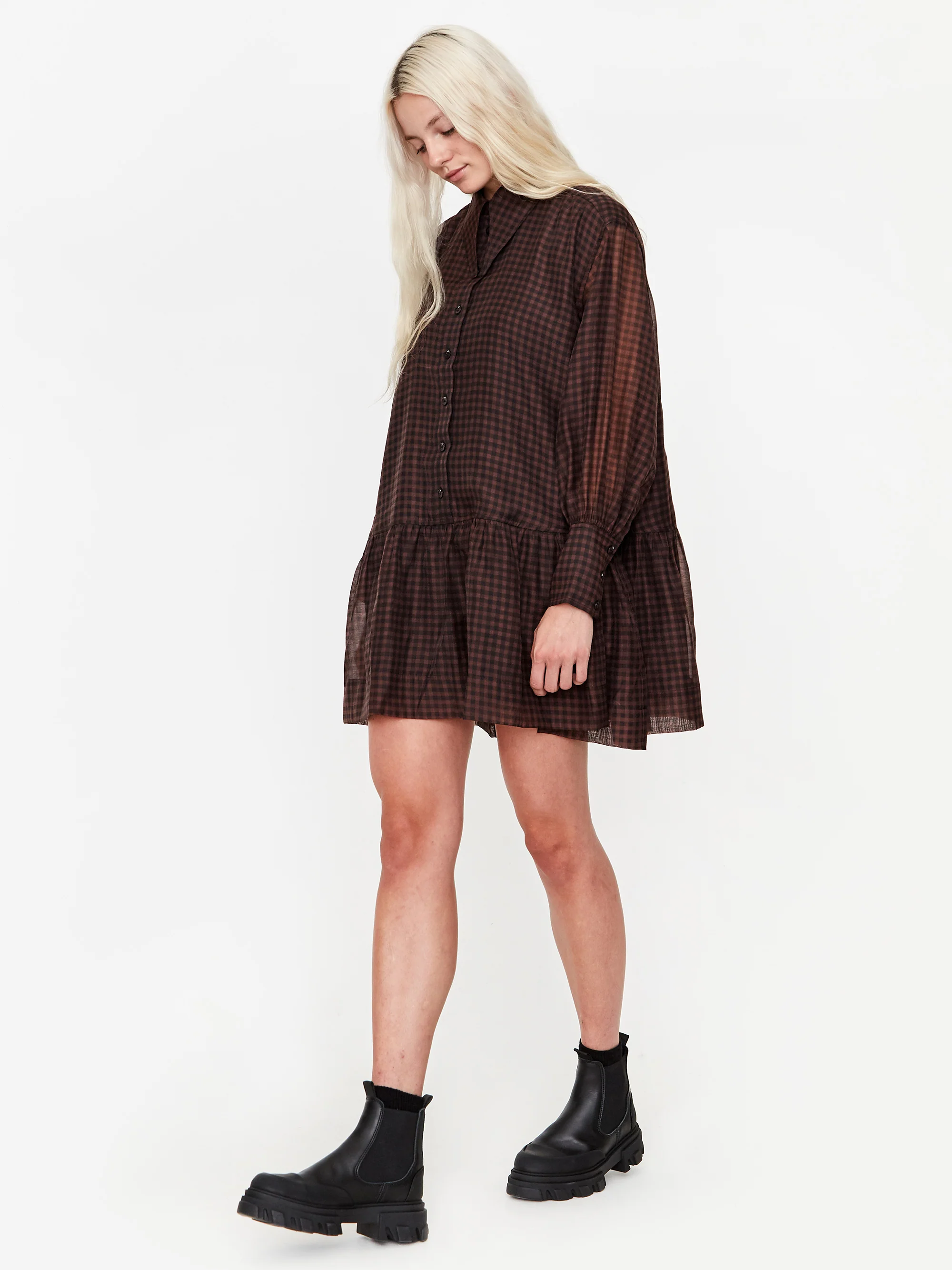 Ganni Oversize Organza Check Mini Dress - French Roast - Image 3