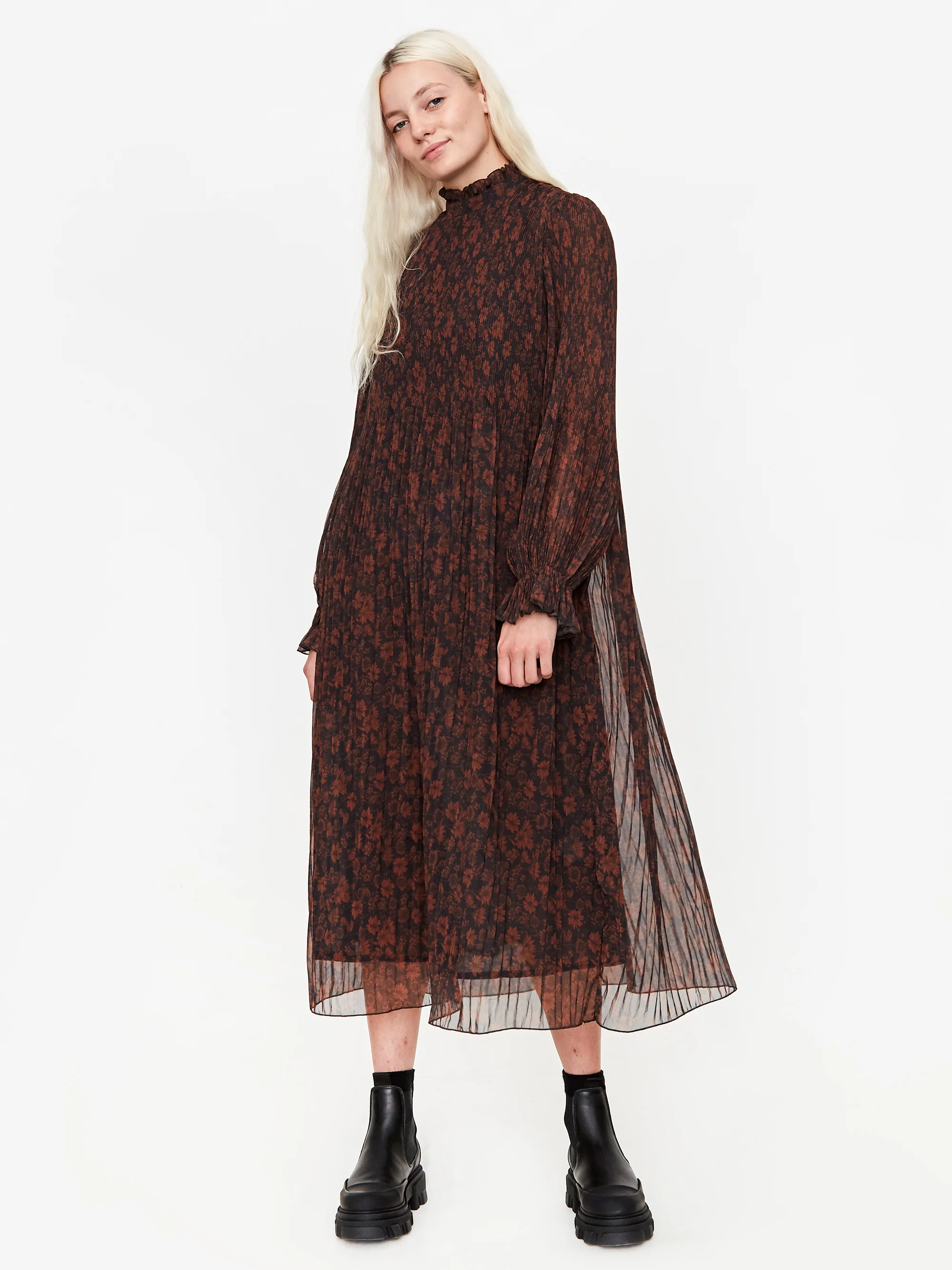 Ganni Pleated Georgette Midi Dress - French Roast - Image 2