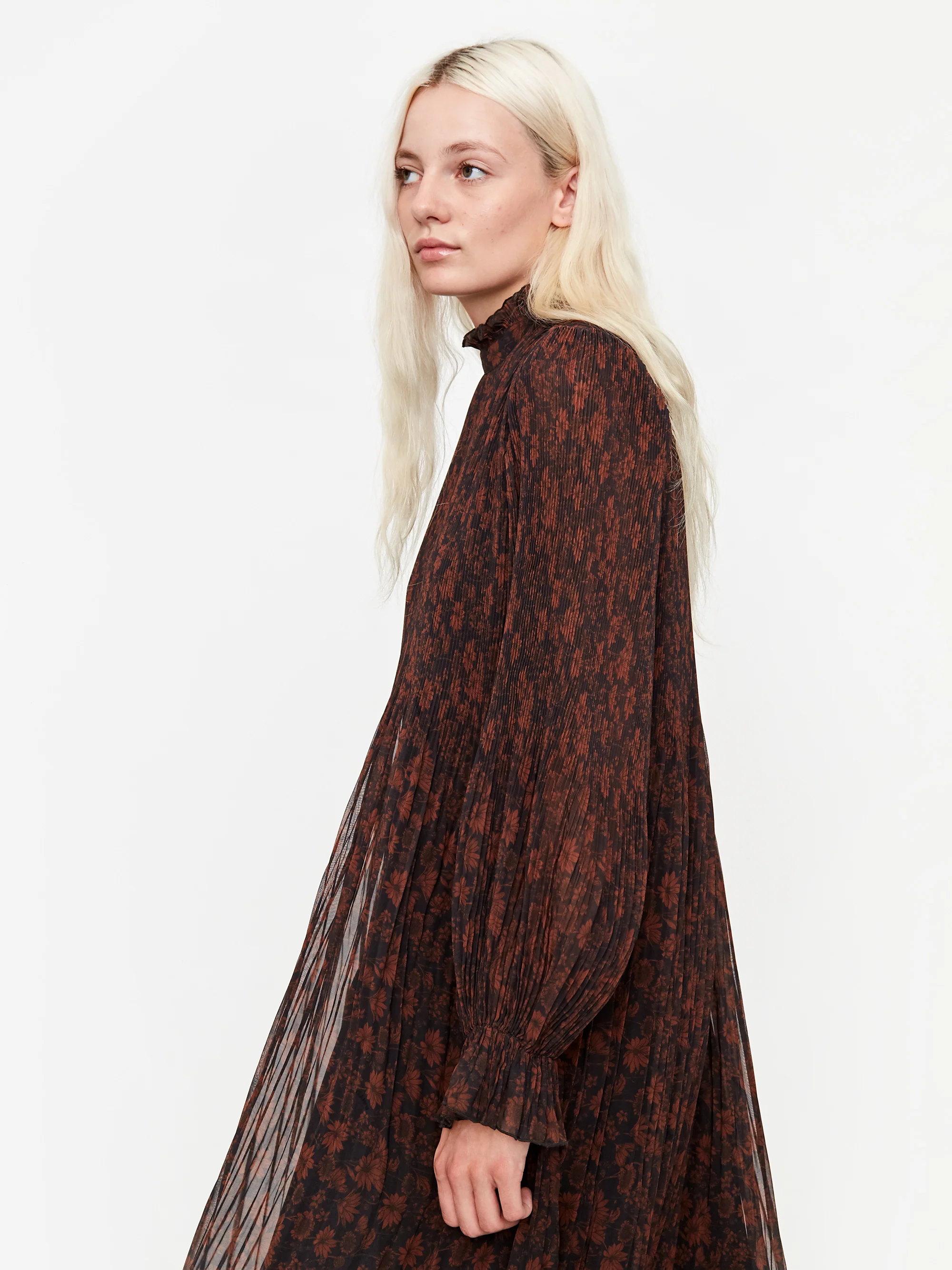 Ganni Pleated Georgette Midi Dress - French Roast - Image 3