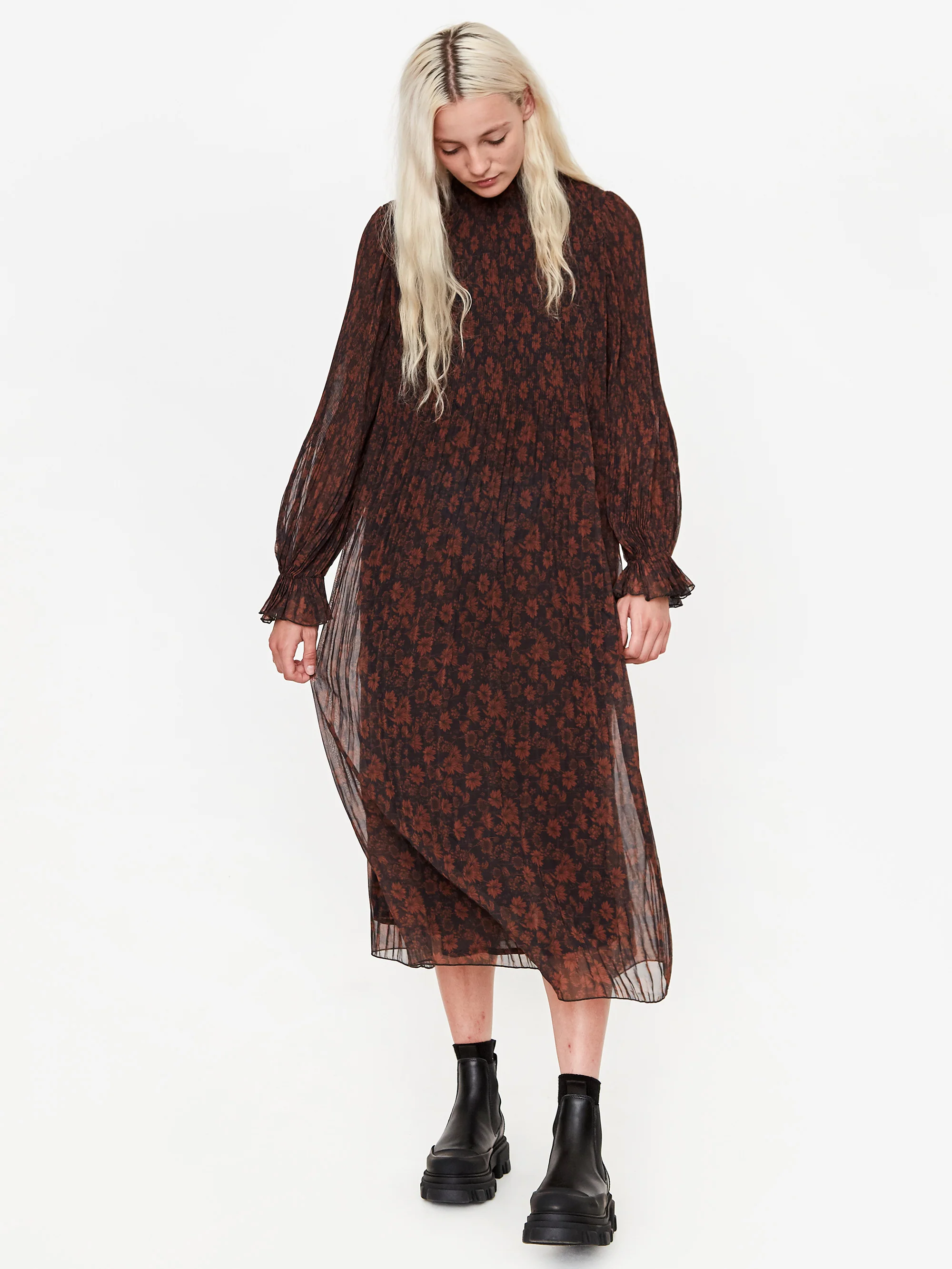Ganni Pleated Georgette Midi Dress - French Roast - Image 4