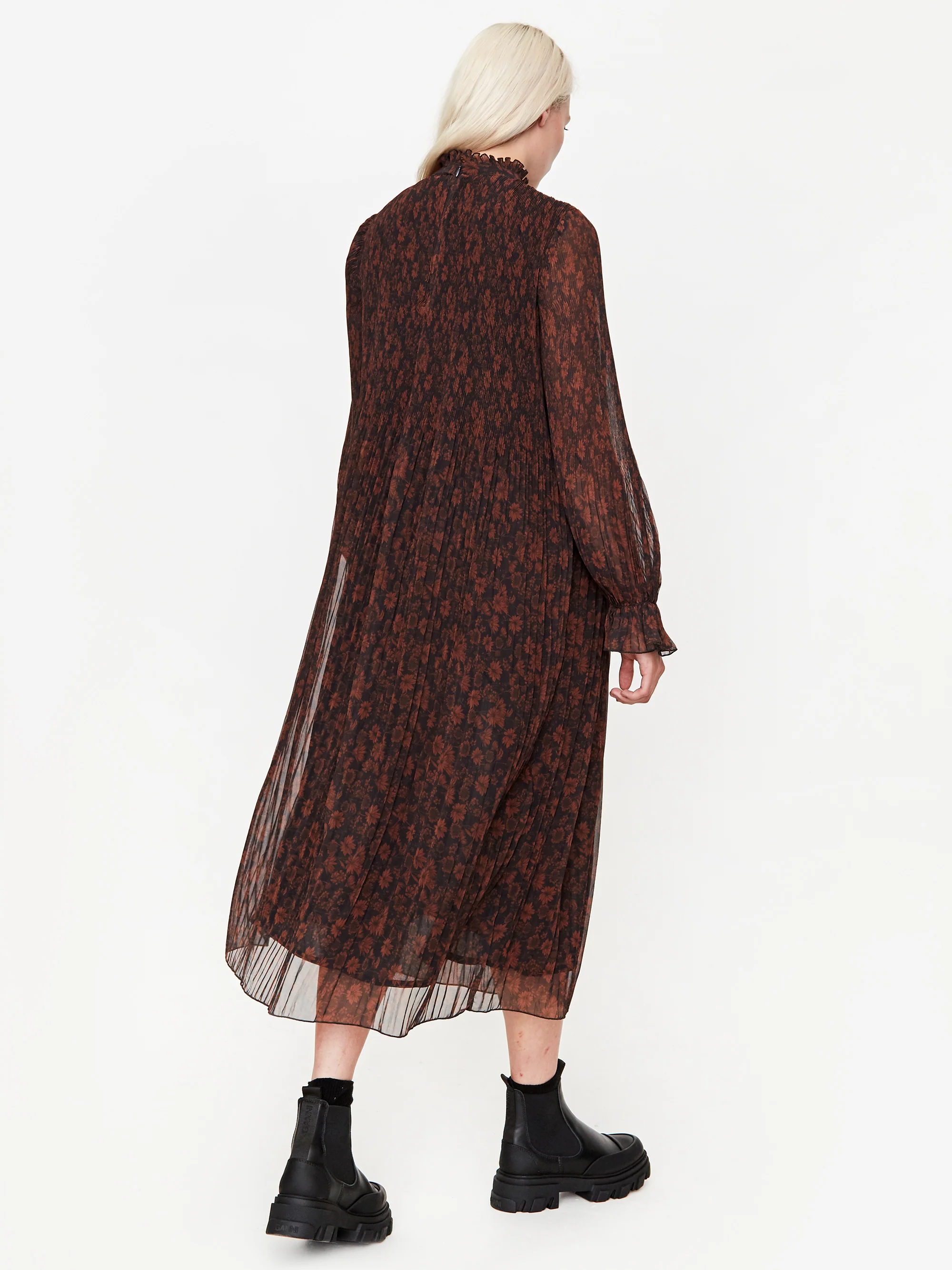 Ganni Pleated Georgette Midi Dress - French Roast - Image 6