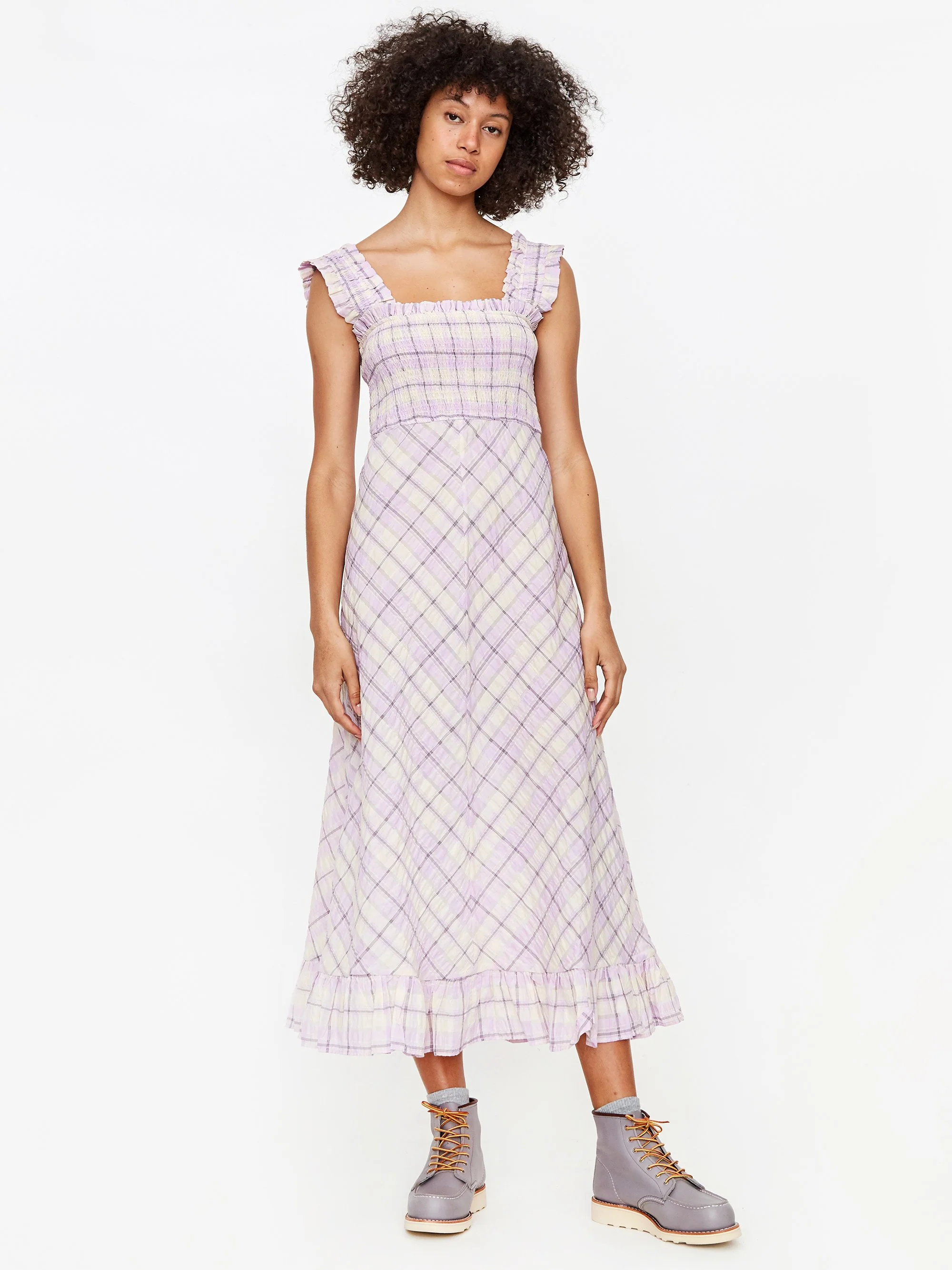 Ganni Pleated Seersucker Check Dress - Orchid Bloom - Image 2