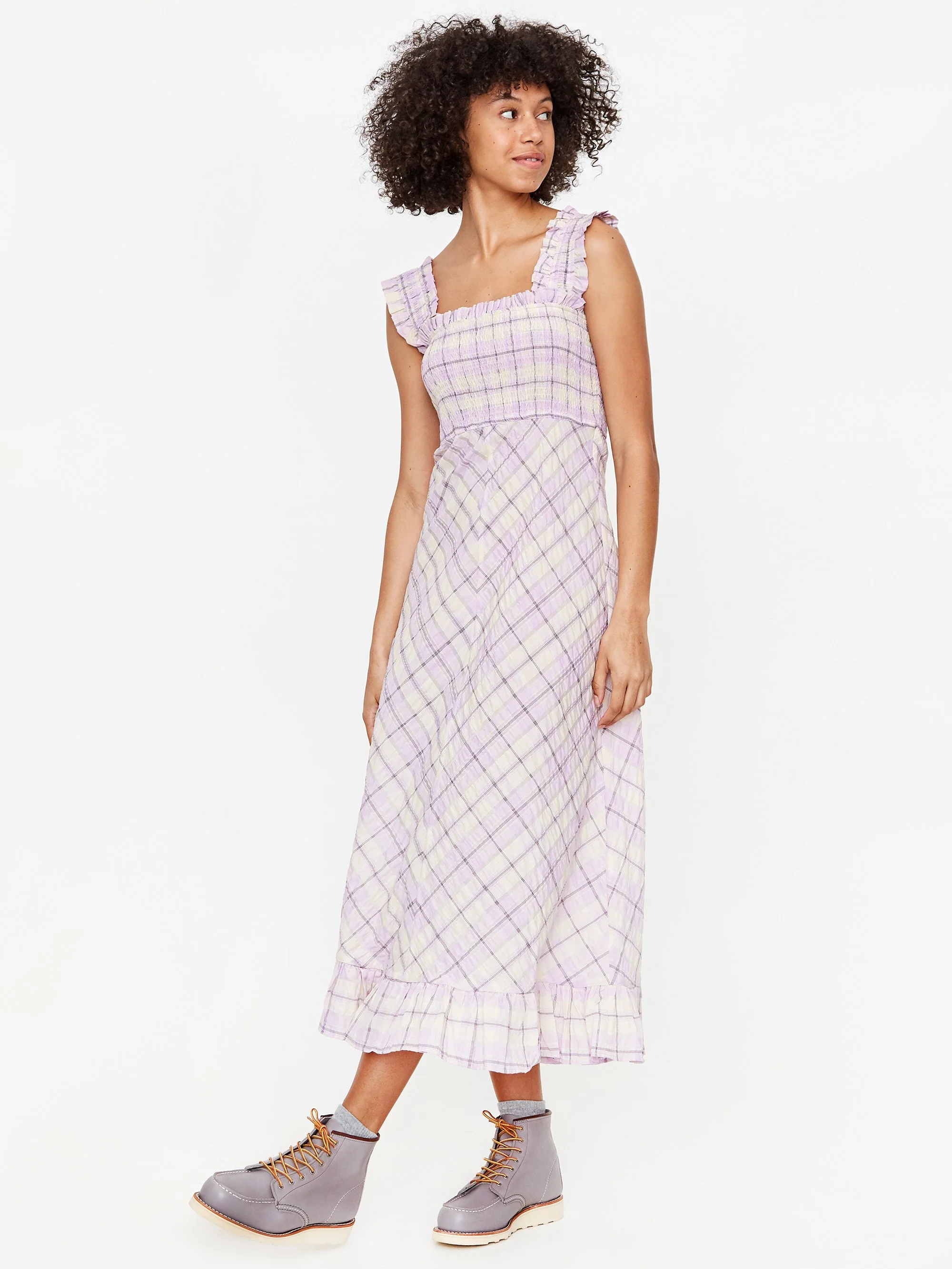 Ganni Pleated Seersucker Check Dress - Orchid Bloom - Image 3