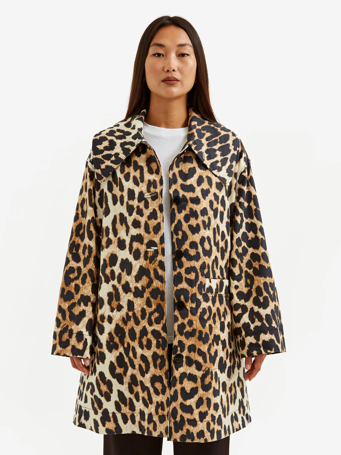Ganni Printed Canvas Oversized Midi Jacket - Big Leopard Almond Milk