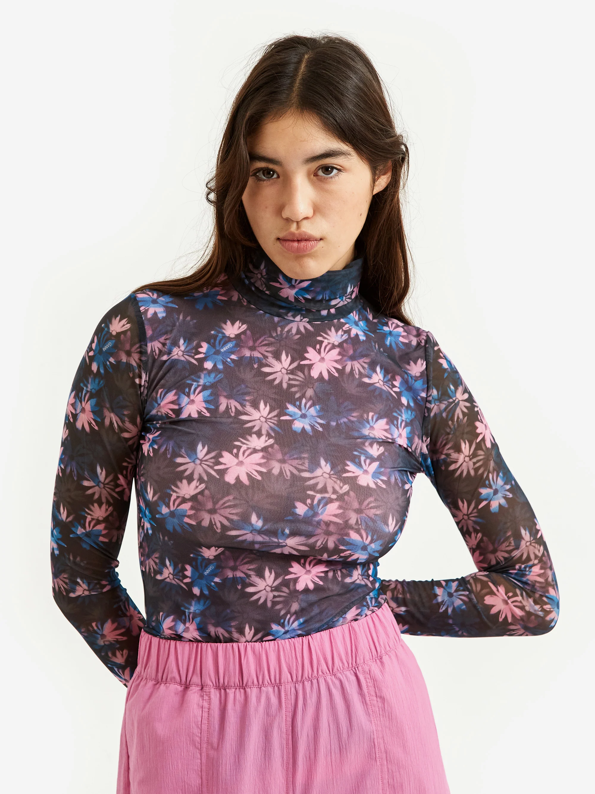 Ganni Printed Mesh Rollneck - Daisy Spray Lilac Sachet - Image 3