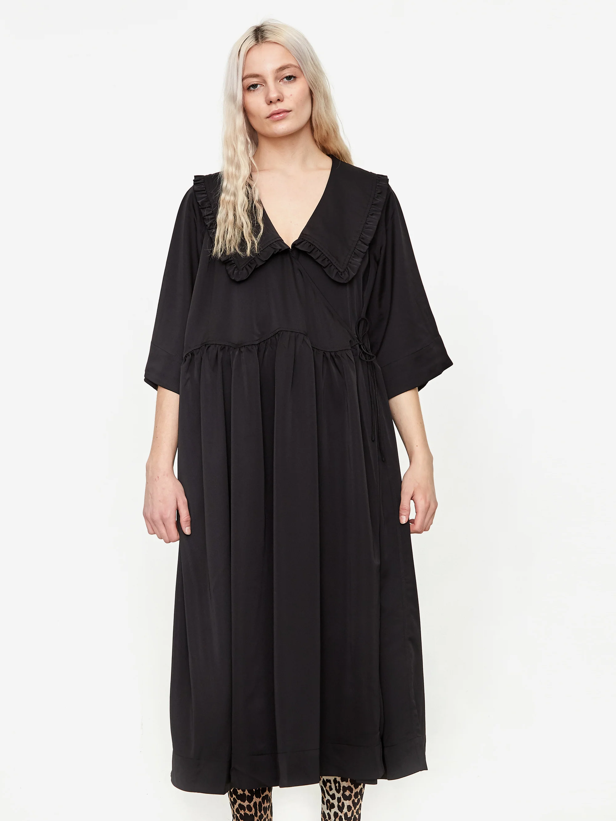 Ganni Ruffle Collar Wavy Waist Oversize Wrap Dress - Black