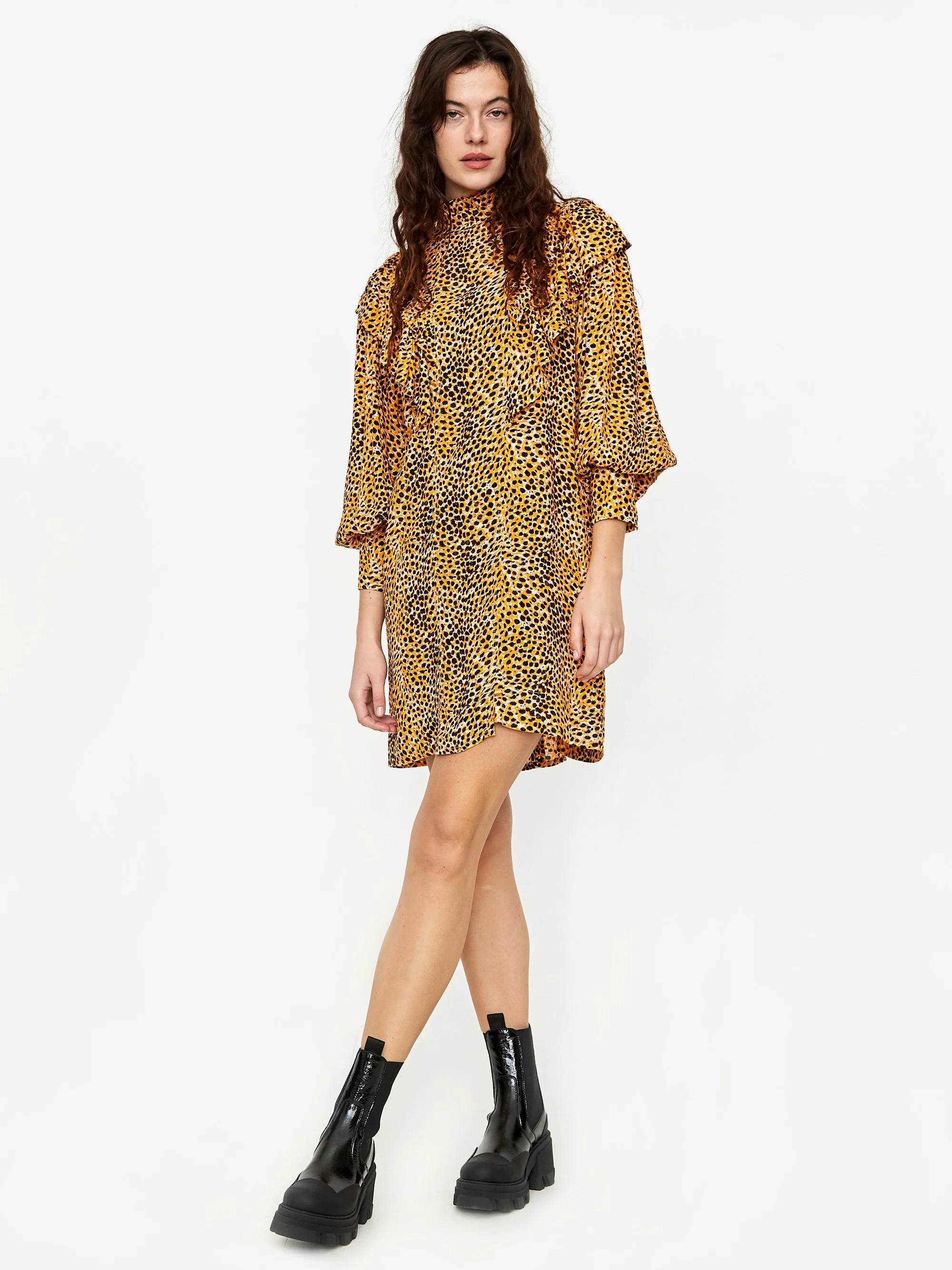 Ganni Ruffle High Collar Dress - Bright Marigold - Image 2