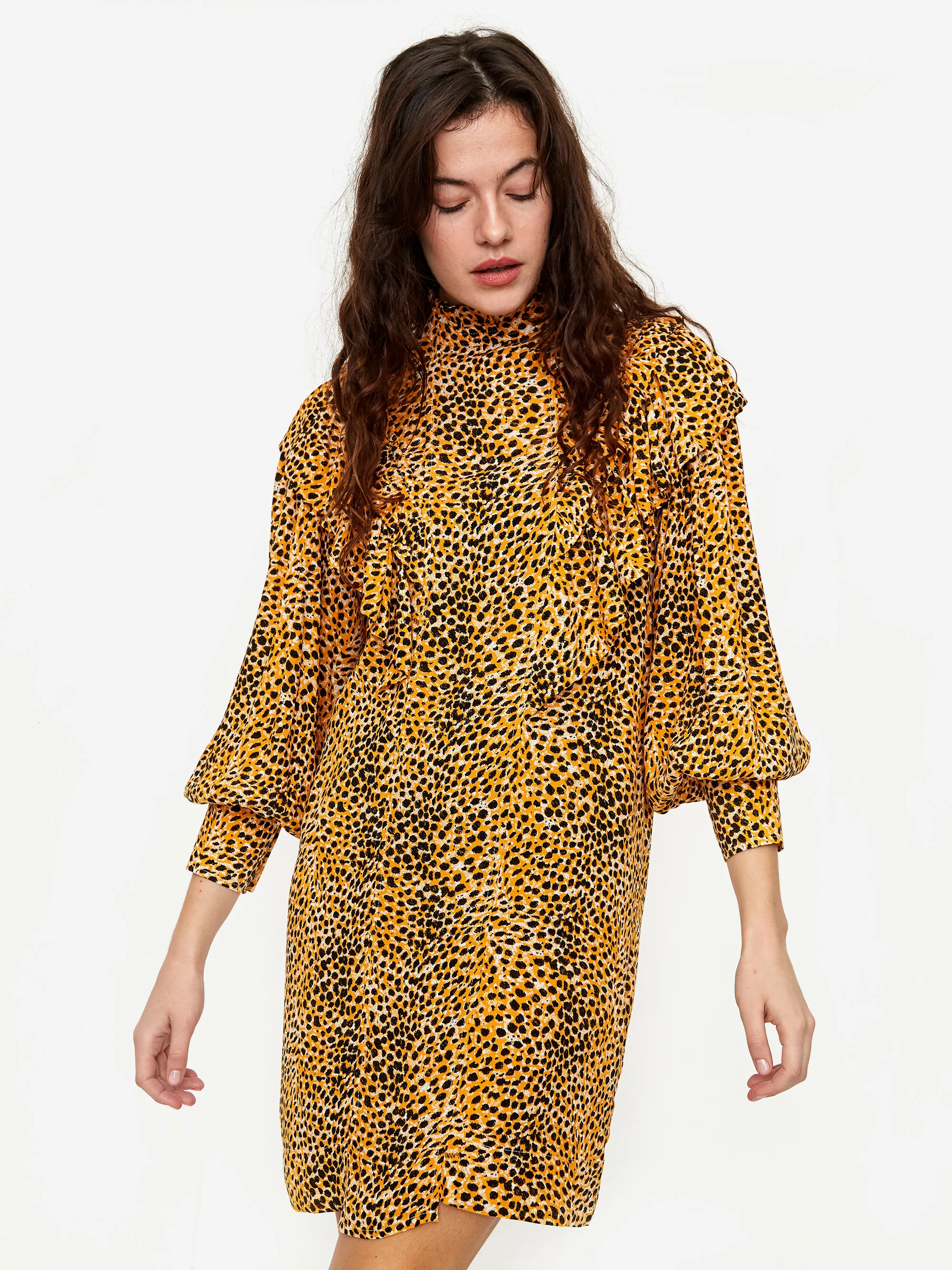 Ganni Ruffle High Collar Dress - Bright Marigold - Image 3