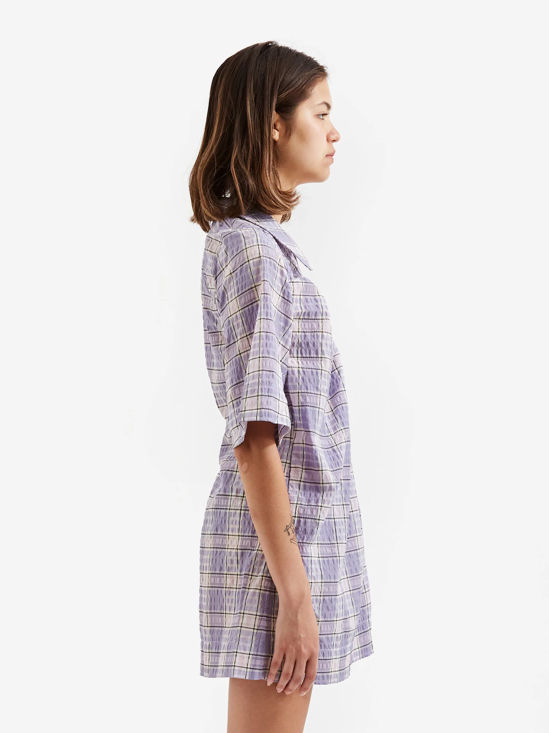 Ganni Seersucker Check Mini Wrap Dress - Check Persian Violet - Image 2