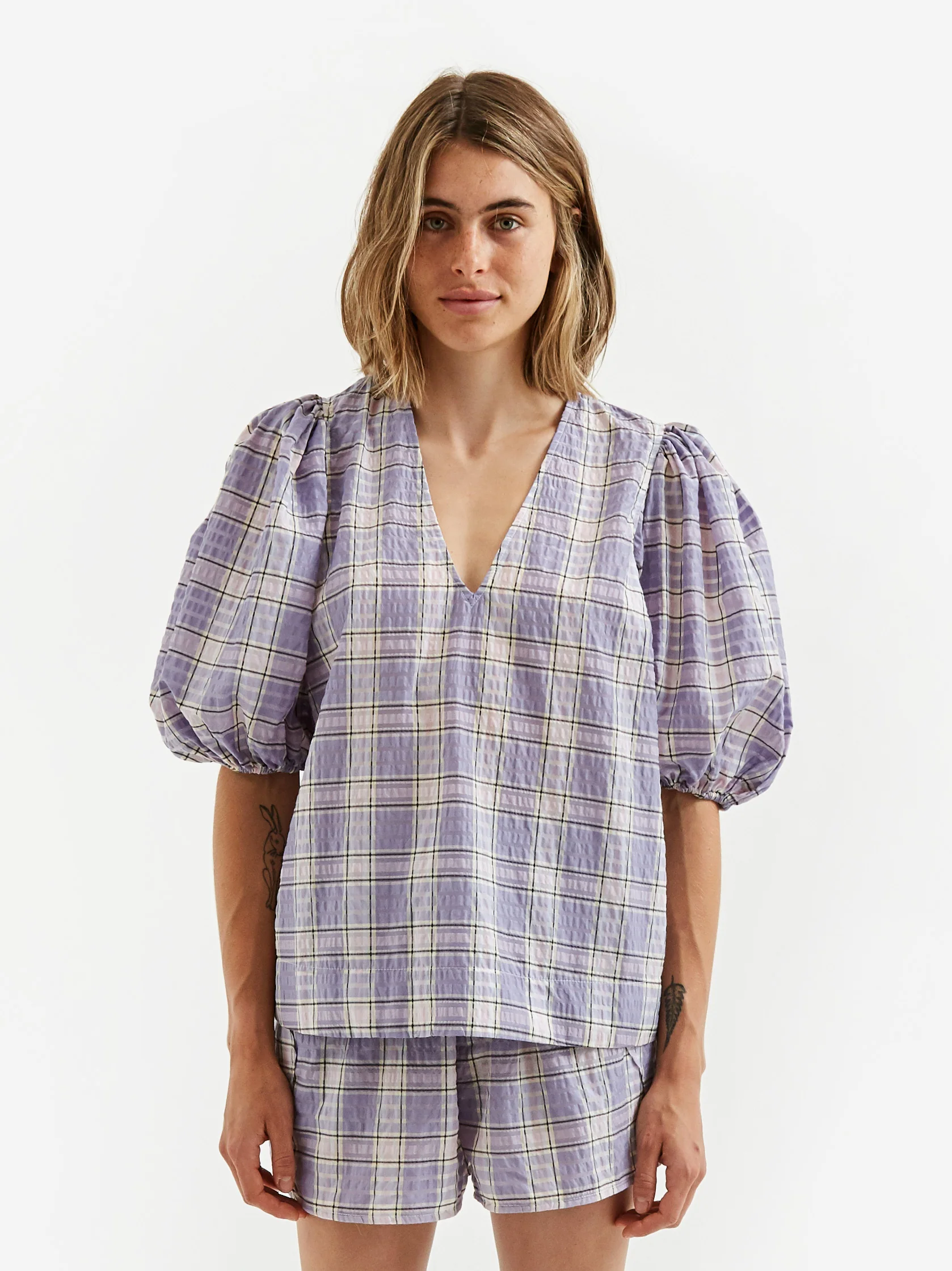 Ganni Seersucker Check V-Neck Blouse - Check Persian Violet