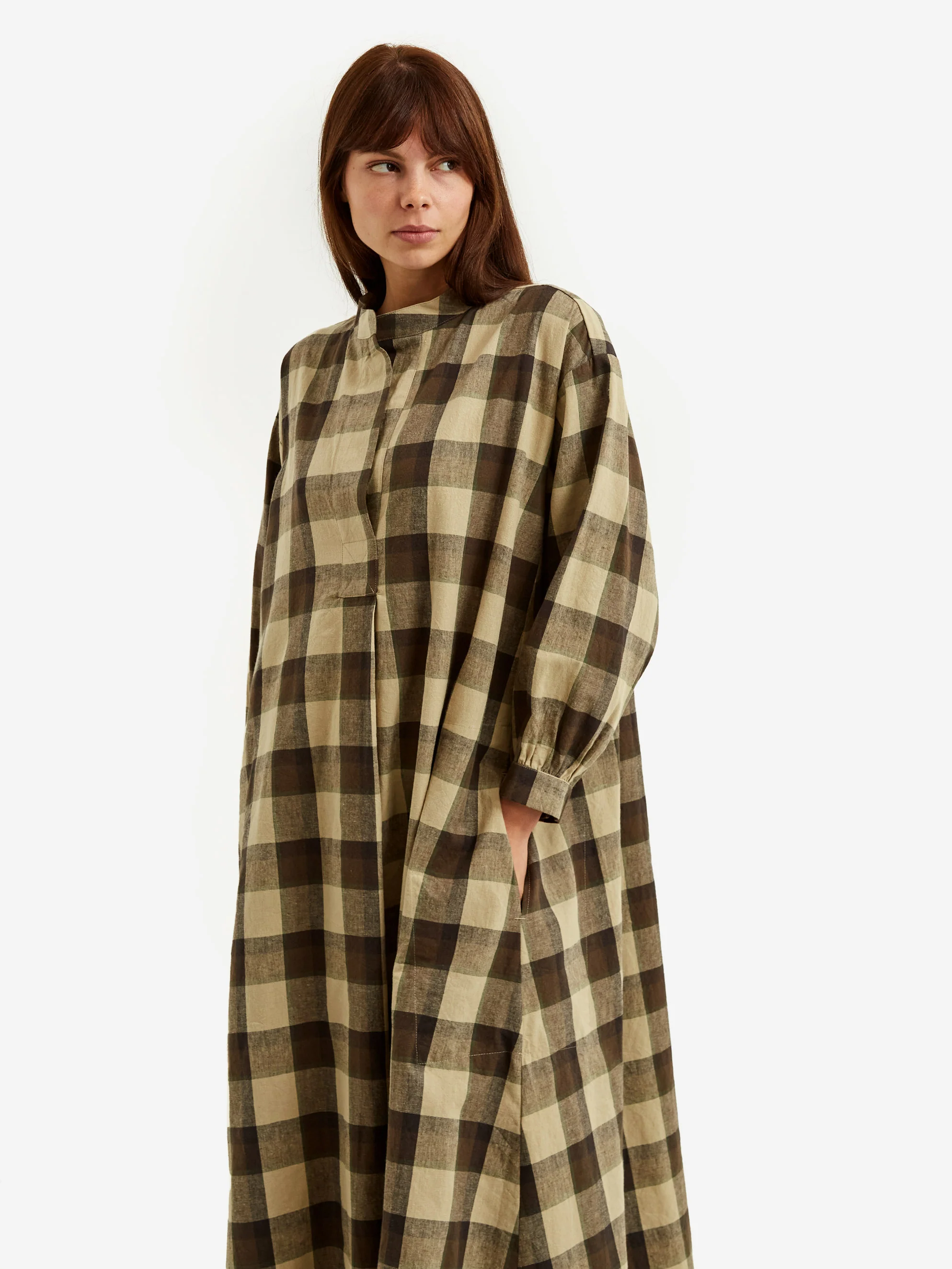 Girls Of Dust Farmer Check Garden Dress - Beige Brown - Image 3