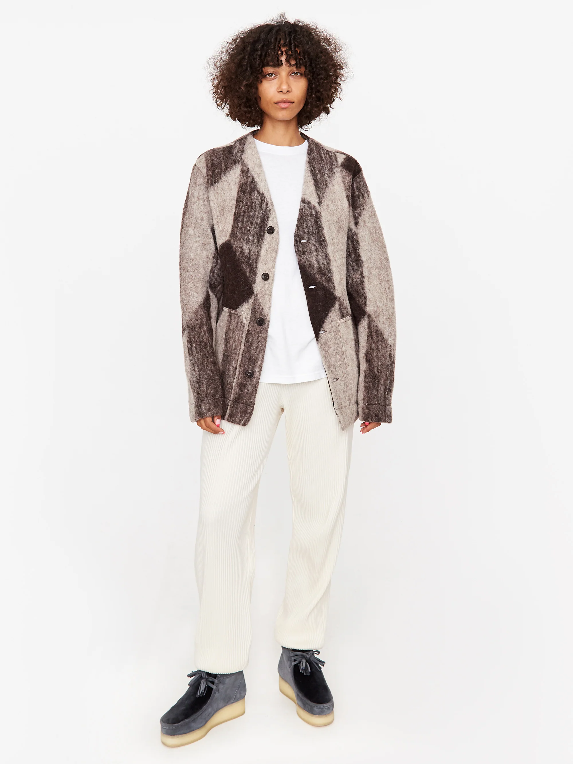 Girls Of Dust Shepherds Wool Jacquard Baseball Cardigan - Off White/Brown - Image 3