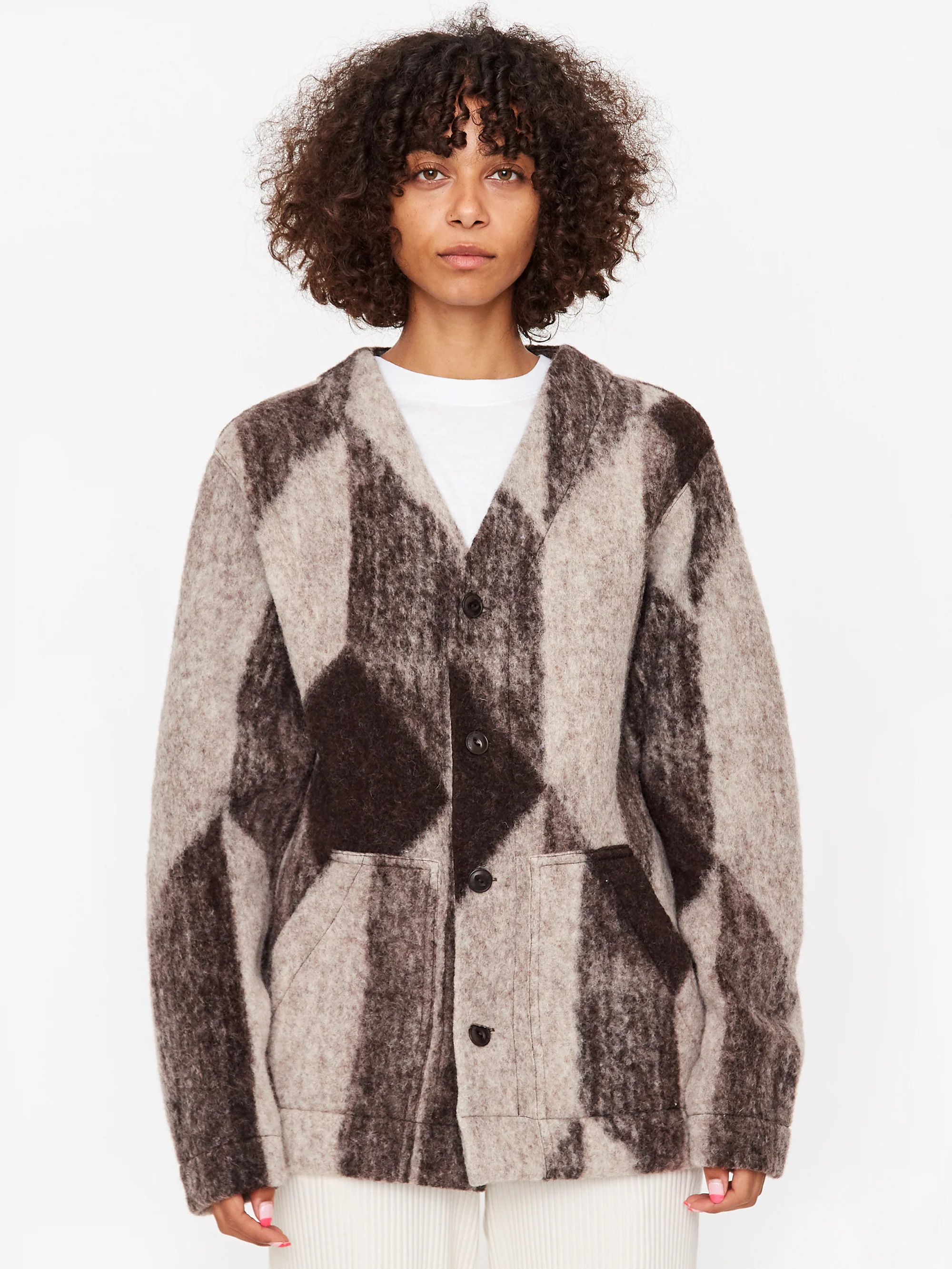 Girls Of Dust Shepherds Wool Jacquard Baseball Cardigan - Off White/Brown - Image 4