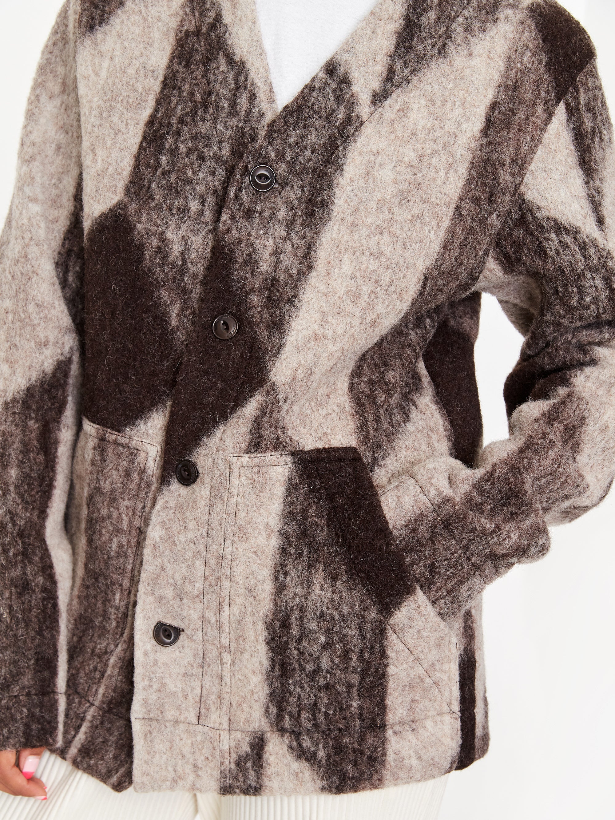 Girls Of Dust Shepherds Wool Jacquard Baseball Cardigan - Off White/Brown - Image 5